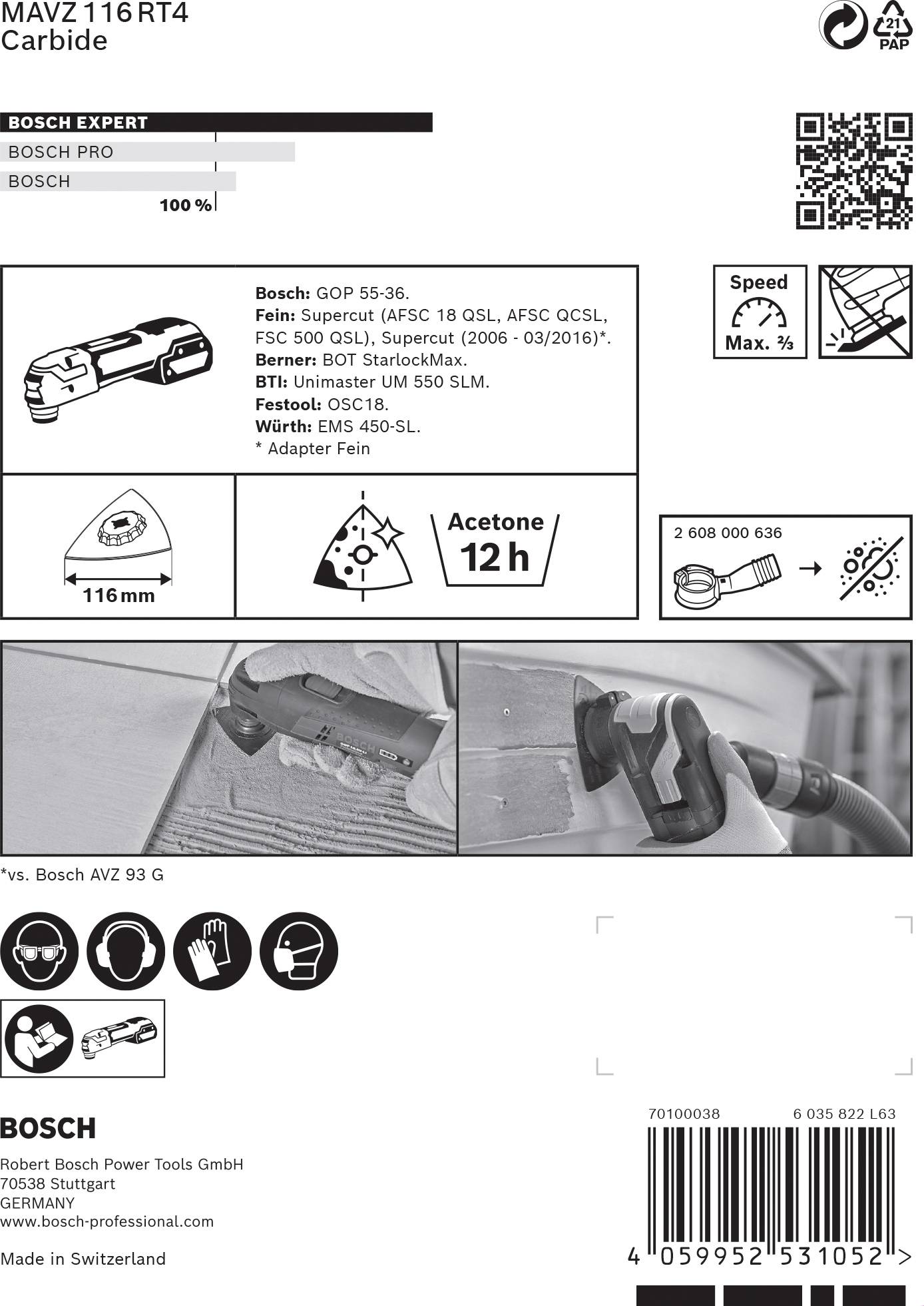 Ersatzteil-Verpackung für Bosch MavZ 116 RT4. Enthält technische Informationen, Anwendungshinweise und Kompatibilitätsdetails.