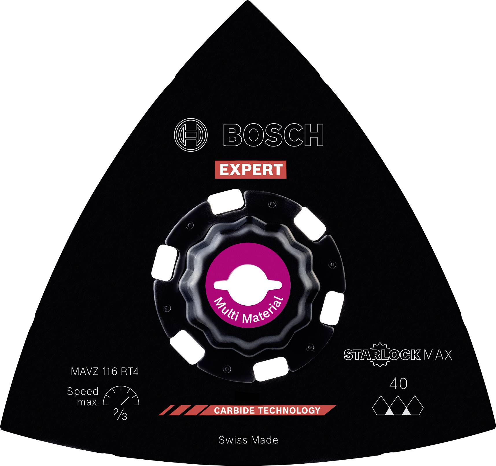 Dreieckige Bosch-Sägeblattverpackung 'Expert' für mehrere Materialien, zeigt das Starlock Max-System mit 'Carbide Technology'.