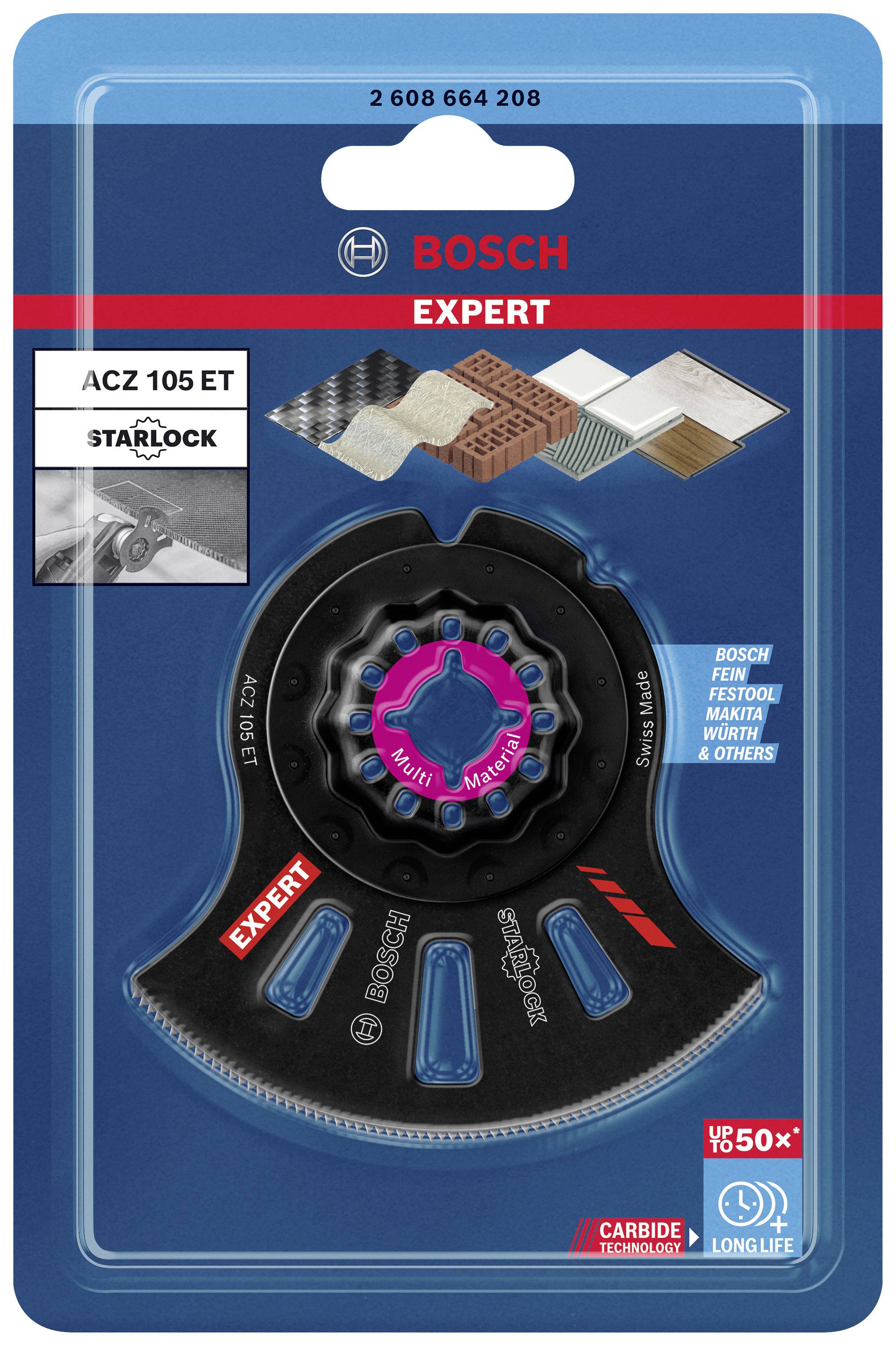 'Bosch Expert ACZ 105 ET' Sägeblatt in Verpackung, zeigt Materialien für den Einsatz: Holz, Fliesen, Metall, Kunststoff.