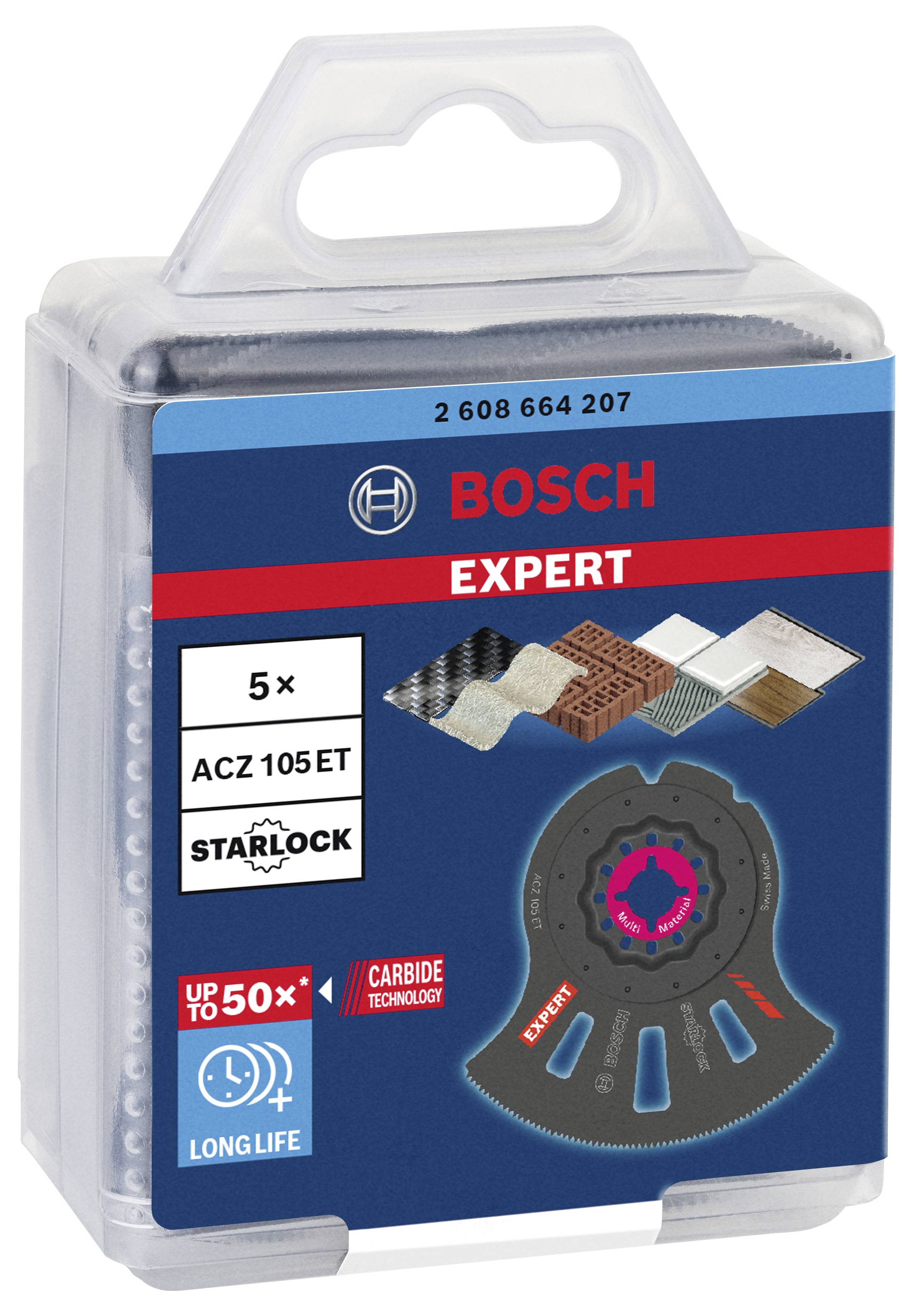 Verpackung von Bosch Starlock Expert Multitool-Sägeblättern. Enthält 5 Sägeblätter mit Starlock-Aufnahme für präzises Schneiden.