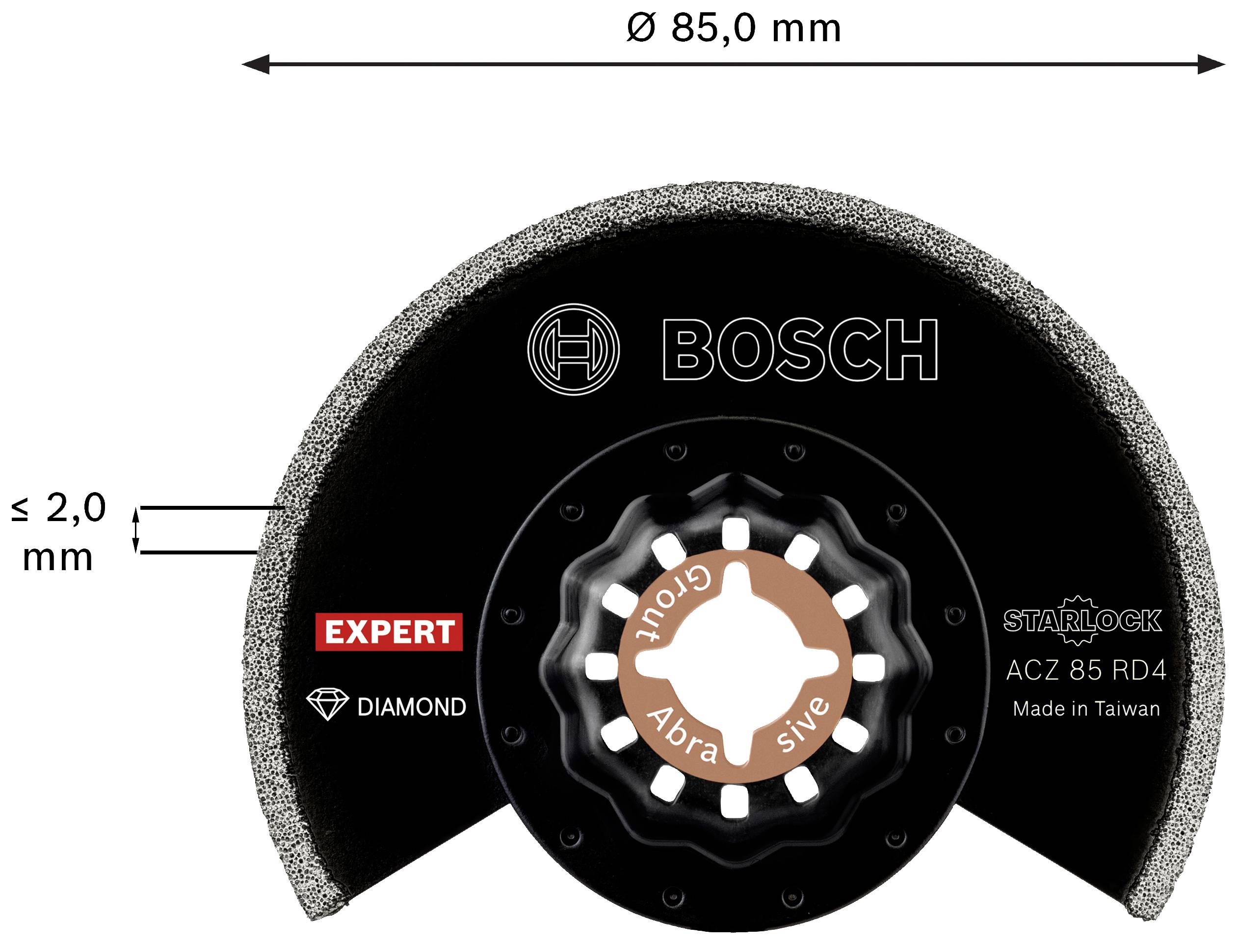'Bosch' Trennscheibe, Ø 85,0 mm, ≤ 2,0 mm Dicke, Starlock System, 'EXPERT für abrasive Materialien', in Taiwan hergestellt.
