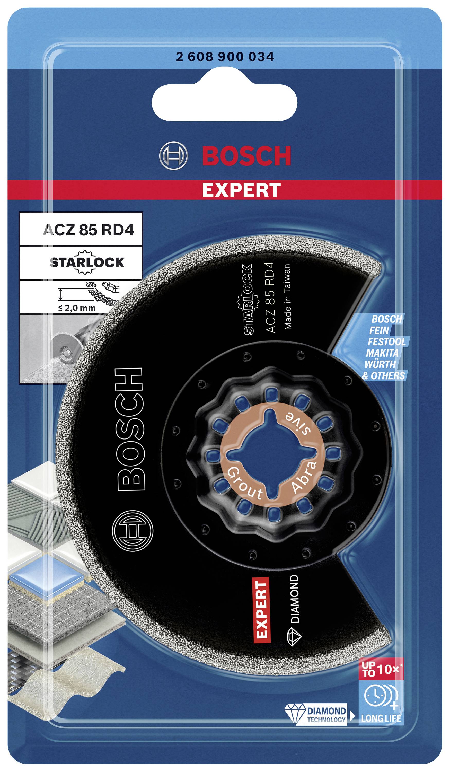 Verpackte Bosch Diamant-Sägeblätter für Multitool, geeignet für 'Grout' und 'Abrasive'. Highlight ist die hohe Langlebigkeit.