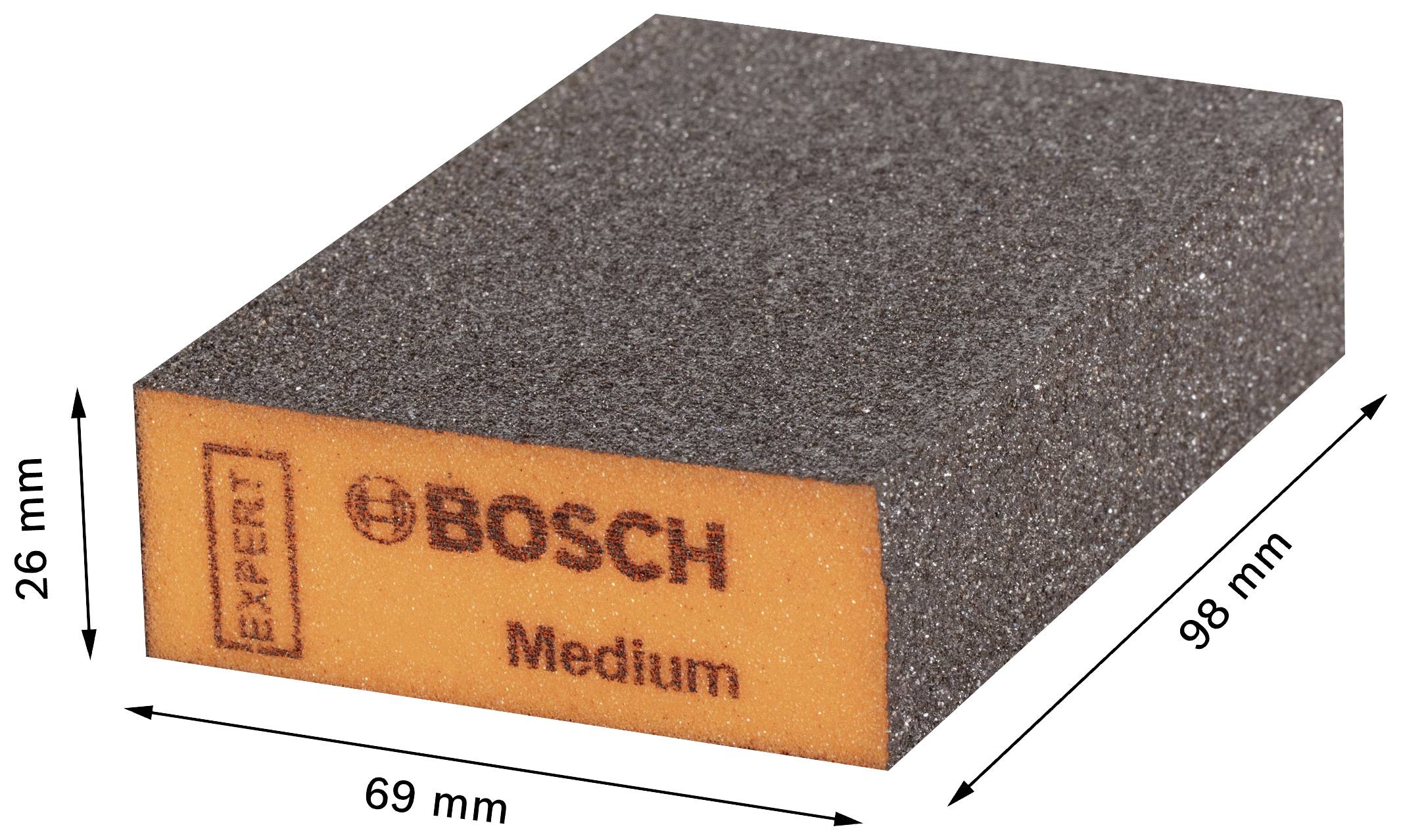 Ein rechteckiger Schleifschwamm von Bosch, orange und braun, mit den Maßen 98 mm x 69 mm x 26 mm, beschriftet mit 'Expert Medium'.