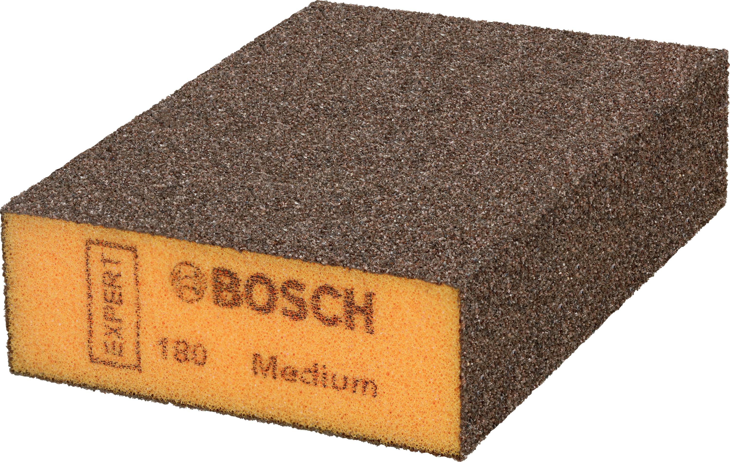 Schleifschwamm von Bosch, rechteckig und braun, mit der Aufschrift '180 Medium Expert'. Ideal für Schleifarbeiten auf Holzoberflächen.