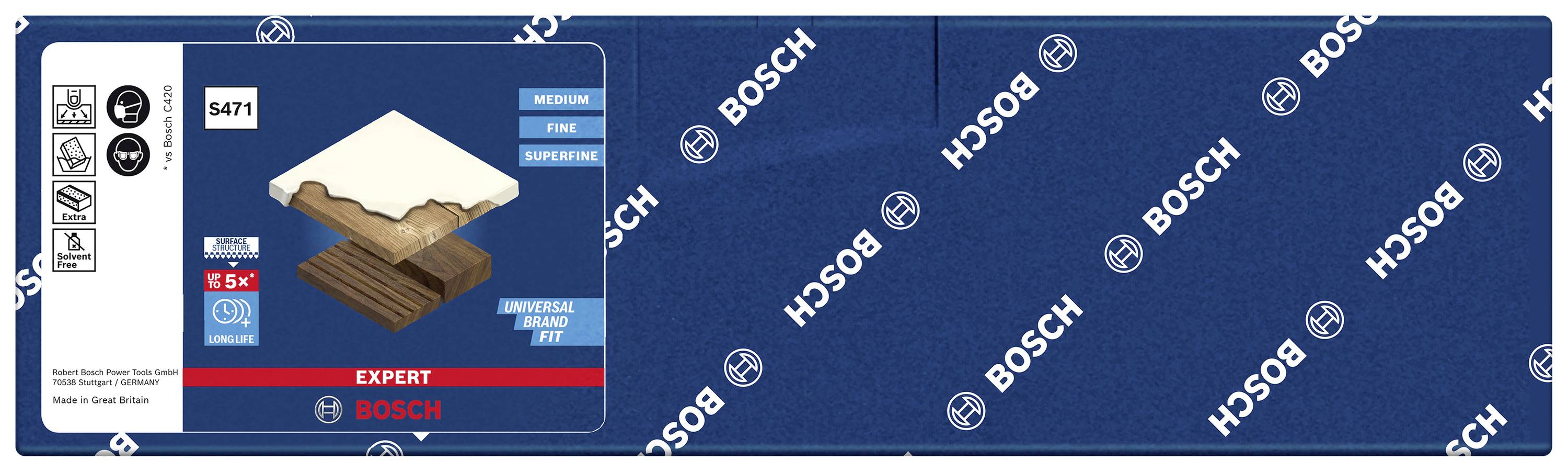 Verpackung von Bosch Schleifpapier, geeignet für Holz. Beinhaltet 10 Blätter, Körnung 150. Für universellen Gebrauch auf Medium Hart.