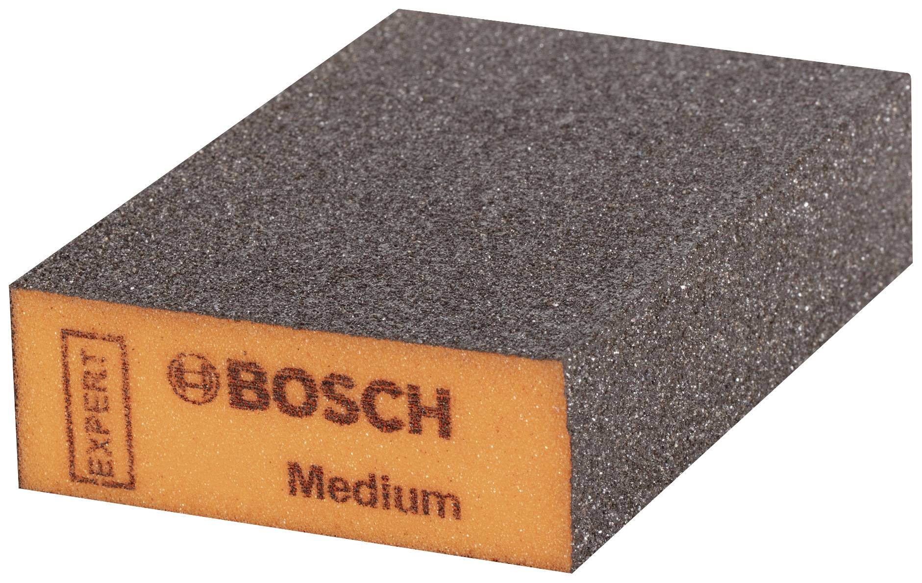 Ein mittelgroßer Bosch-Schleifschwamm mit orangem Kern und schwarzer Oberfläche, beschriftet mit 'EXPERT Bosch Medium'.
