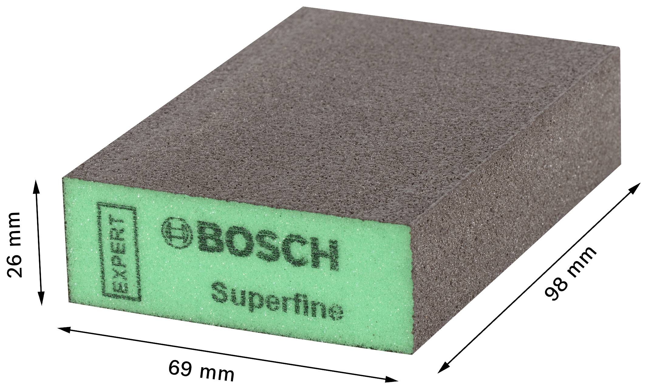Ein rechteckiger Schleifschwamm der Marke Bosch mit der Aufschrift 'Expert' und 'Superfine'. Maße: 69 mm x 98 mm x 26 mm.