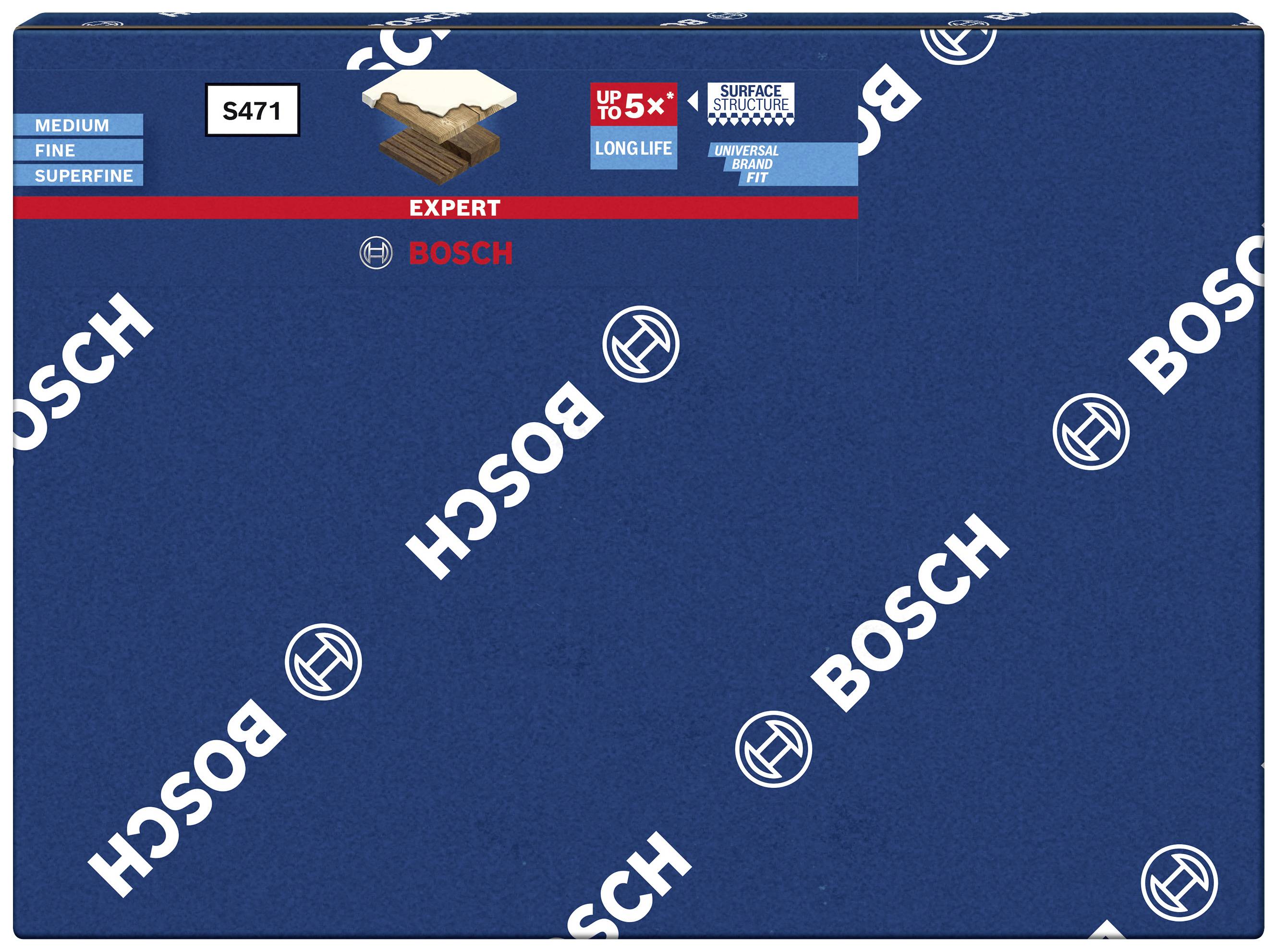 Verpackung eines BOSCH Schleifpapiers, Modell 'Expert S471'. Enthält Hinweise auf Langlebigkeit und Anwendung für feine Oberflächen.