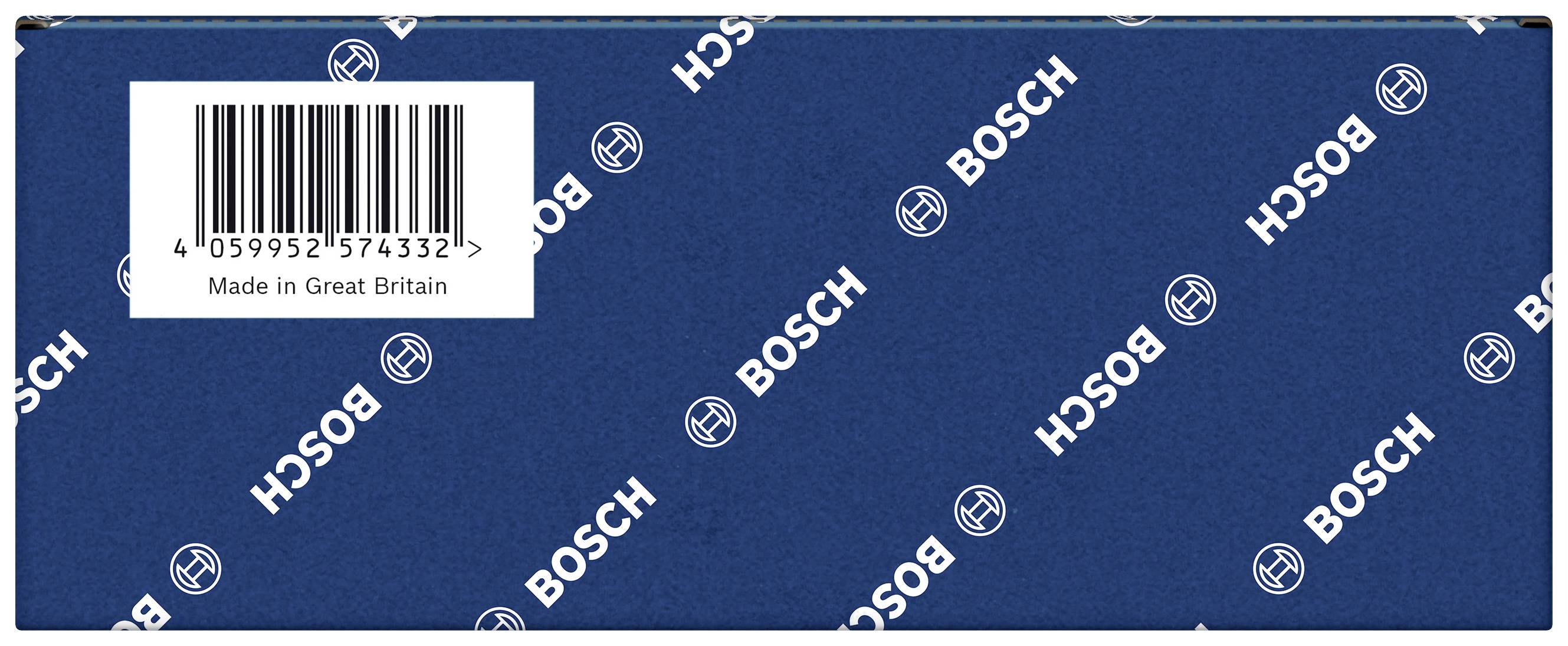 Blaue Verpackung mit weißem 'BOSCH'-Logo-Muster und Barcode. Text: 'Made in Great Britain'.