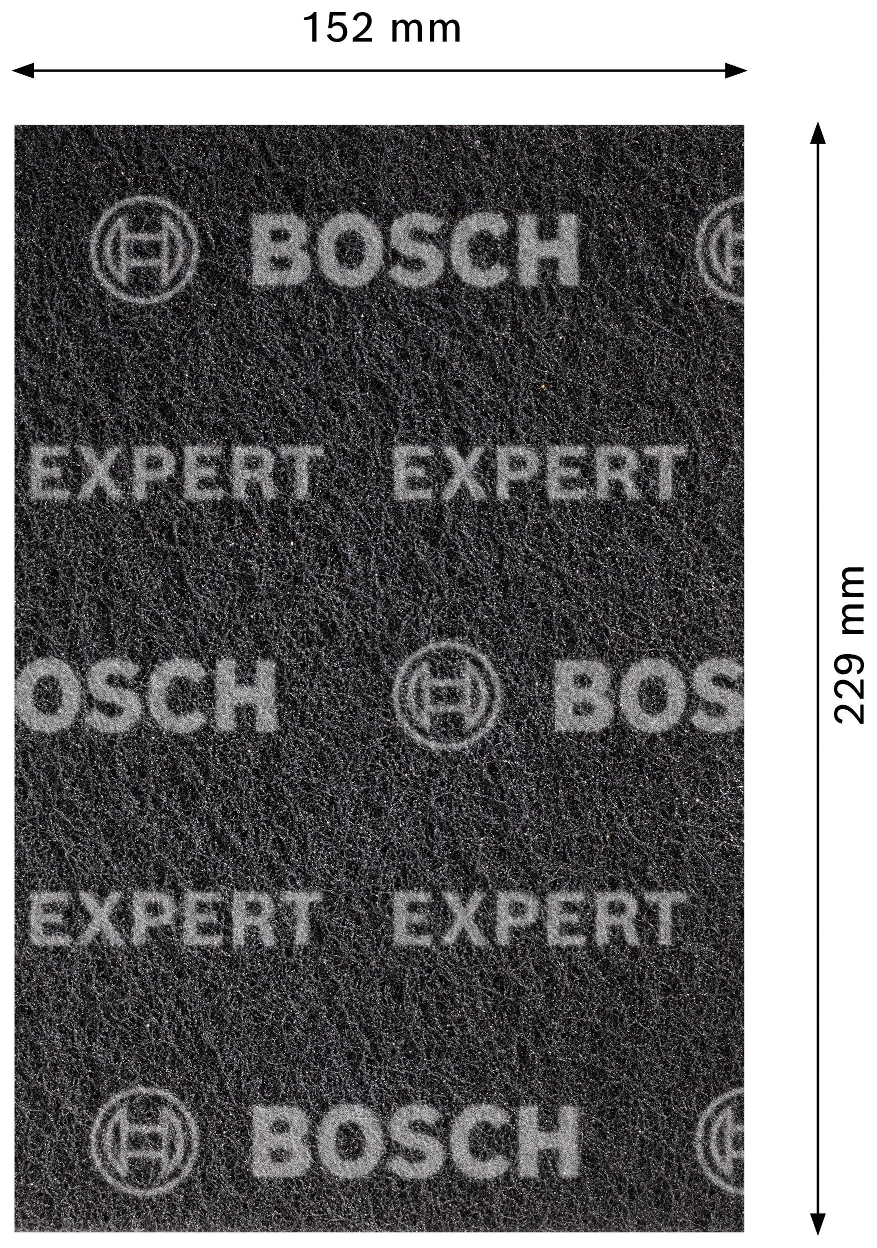 'Rechteckiges schwarzes Schleifpapier von Bosch, 152 mm breit und 229 mm hoch, mit der Aufschrift 