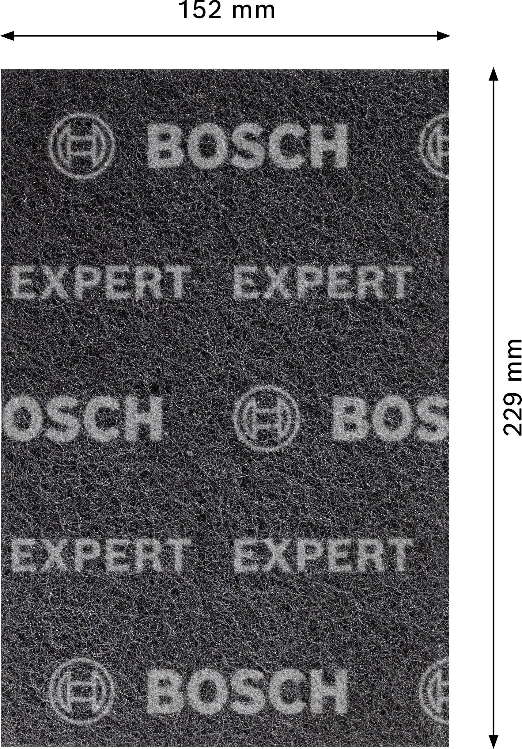 Rechteckiges, graues Schleifpad mit den weißen Worten: BOSCH, EXPERT. Maße: 152 mm x 229 mm.