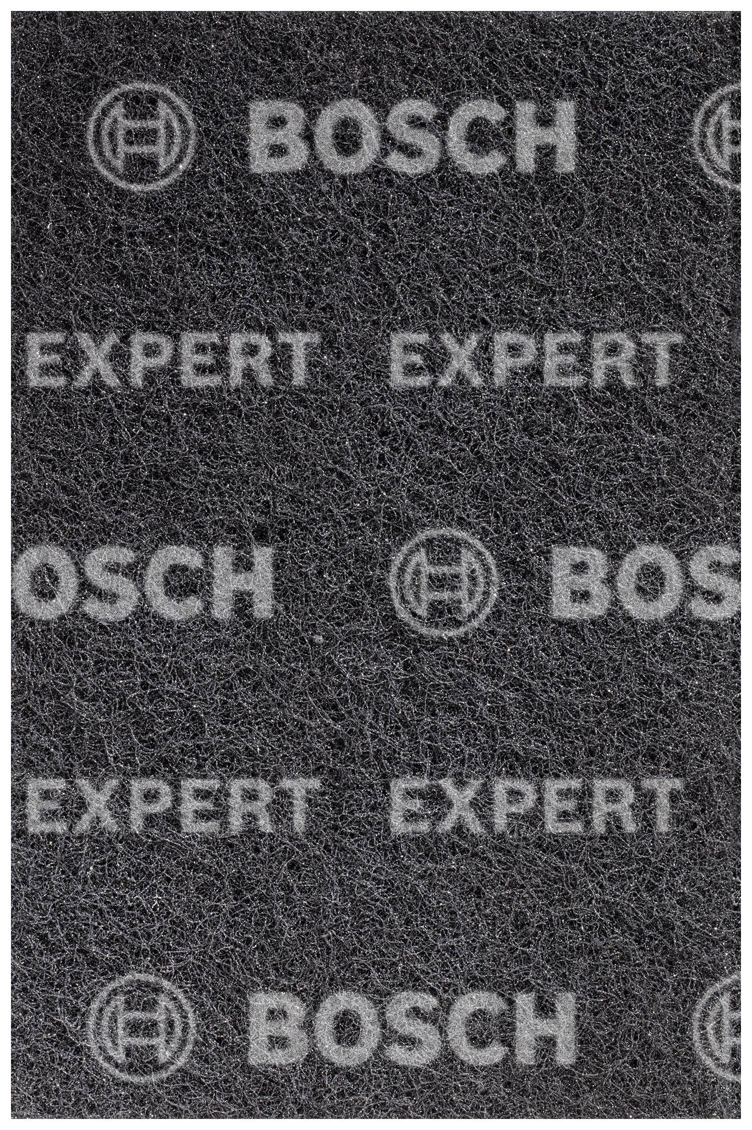 'Bosch Expert' Schleifvlies mit wiederholtem Logo, grau-schwarze Oberfläche, geeignet für Profi-Schleifarbeiten.