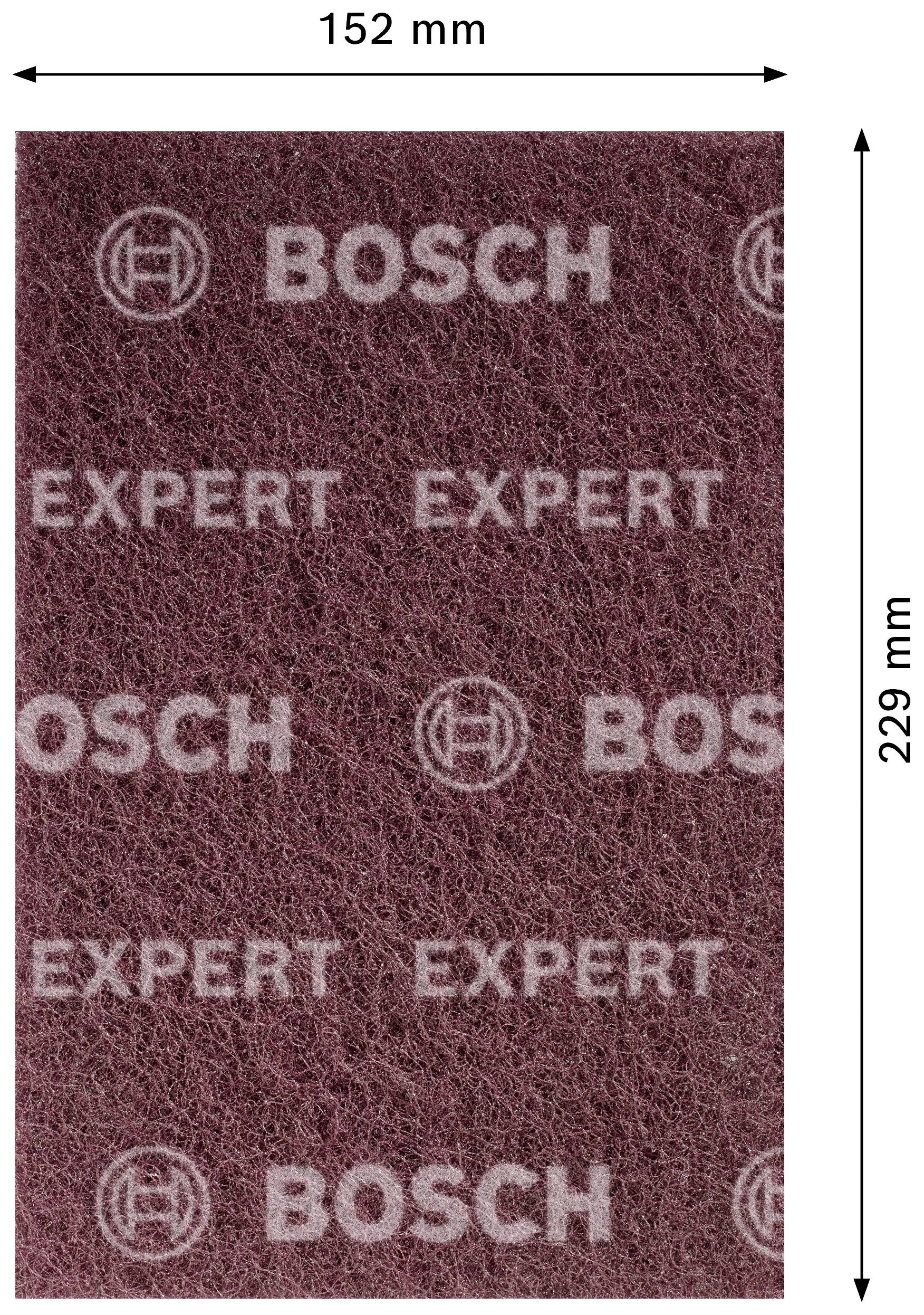 Rechteckiges Schleifpad von Bosch mit den Maßen 152 mm x 229 mm. Auf der rötlich-braunen Oberfläche sind die Logos 'BOSCH' und 'EXPERT' aufgedruckt.