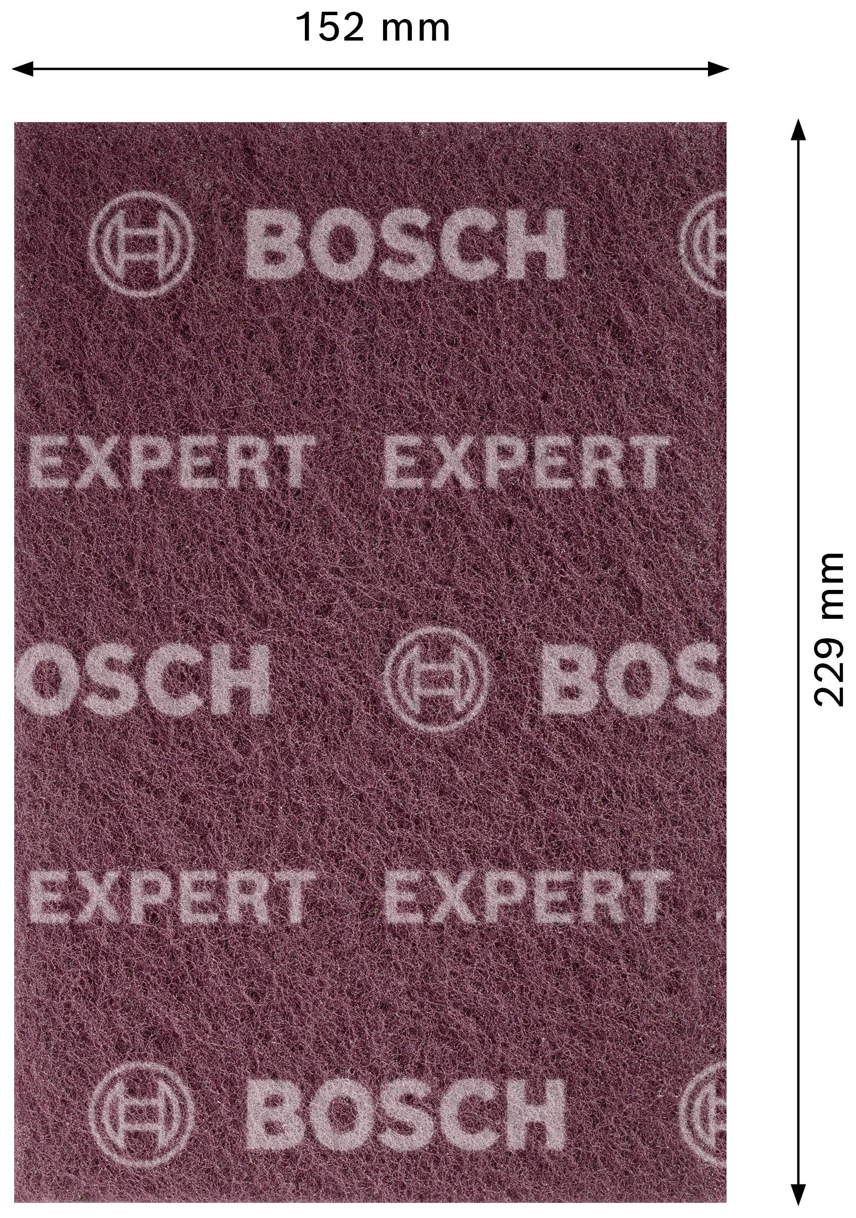 Rechteckiges Schleifpad der Marke Bosch Expert, Maße 152 mm x 229 mm. Hintergrundfarbe braunrot mit weißem Bosch-Logo und -Text.