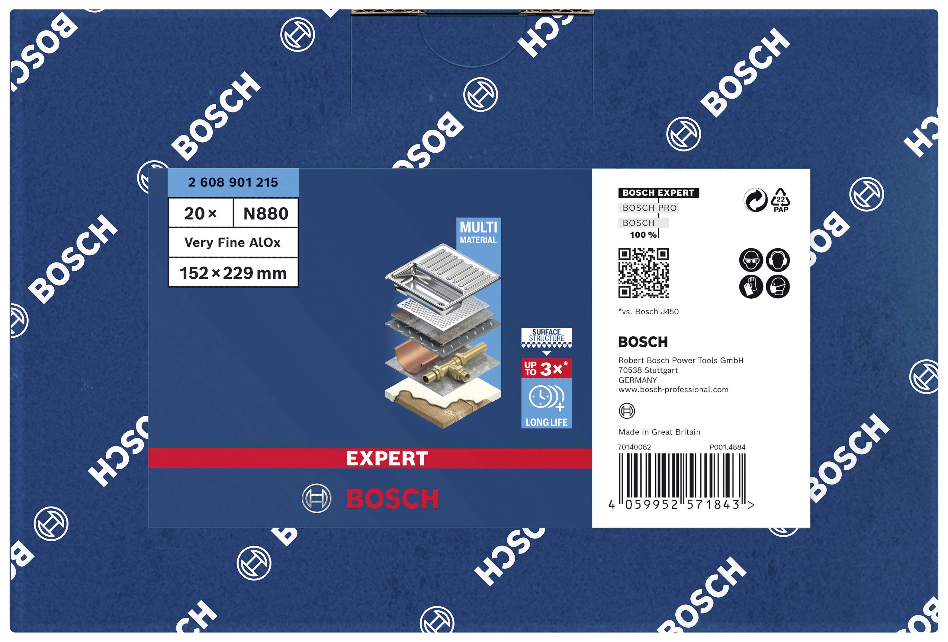 Verpackung einer Bosch Expert-Schleifscheibe, N880, 20 Stück, 152 x 229 mm, mit Abbildung der Materialschichten und Barcode.