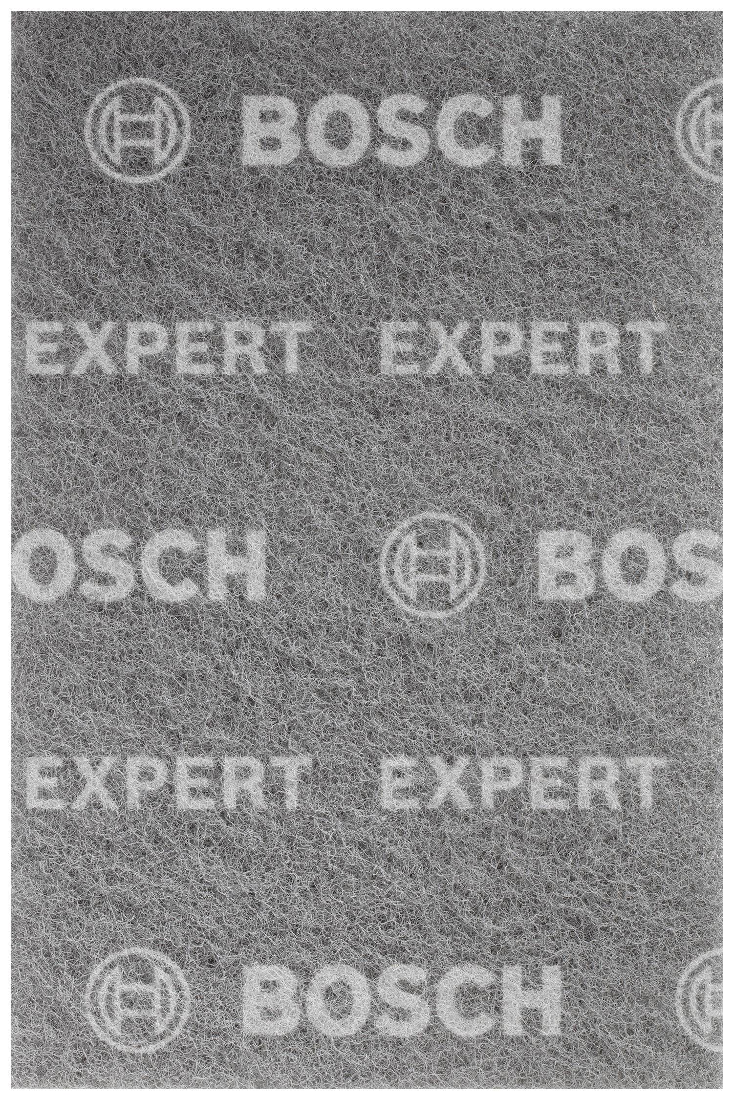 Abgebildet ist ein grauer Schleifschwamm mit den weißen Aufdrucken 'BOSCH' und 'EXPERT'.