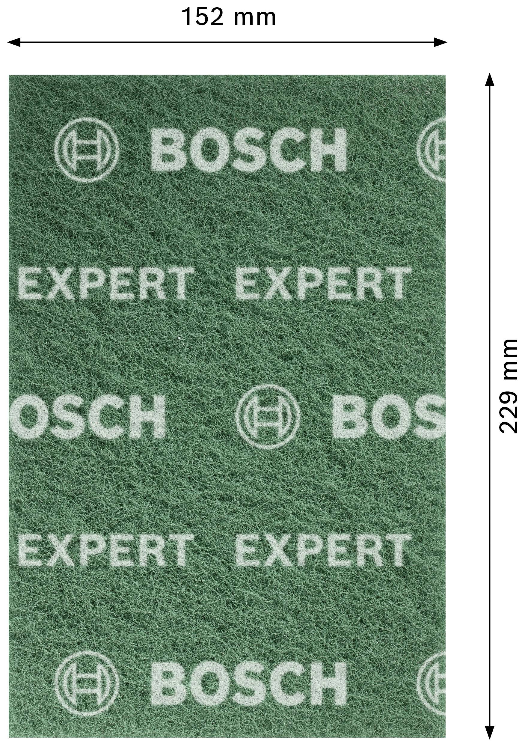 Rechteckiges Schleifpad von Bosch, grün mit der Aufschrift 'EXPERT', 'BOSCH'. Maße: 152 mm Breite, 229 mm Höhe.