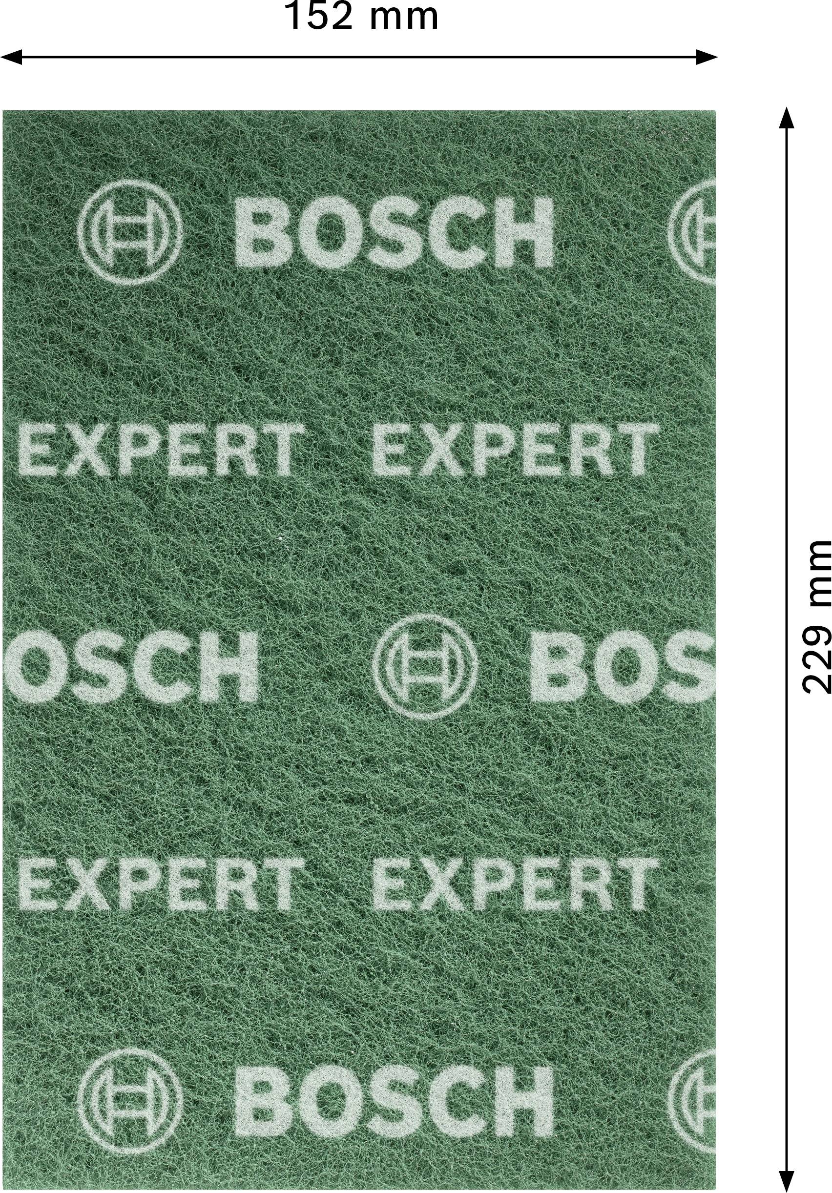 Grünes Schleifpad mit der Aufschrift 'BOSCH' und 'EXPERT'. Maße 152 mm x 229 mm.