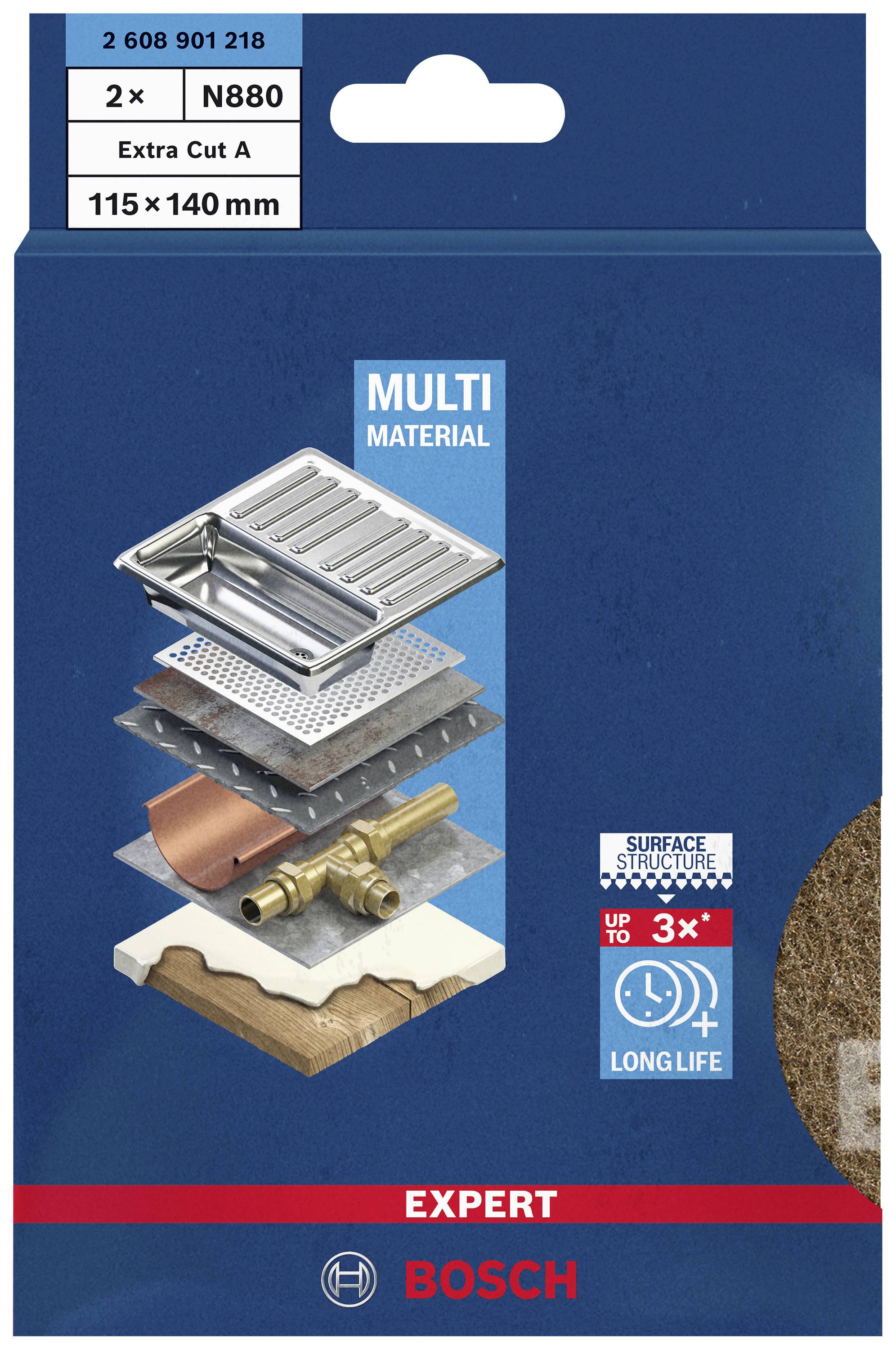 Verpackung eines Bosch Werkzeugs. Text: 'Multi Material', 'Expert', 'Long Life'. Zeigt Schichten wie Metall und Holz für Anwendung.