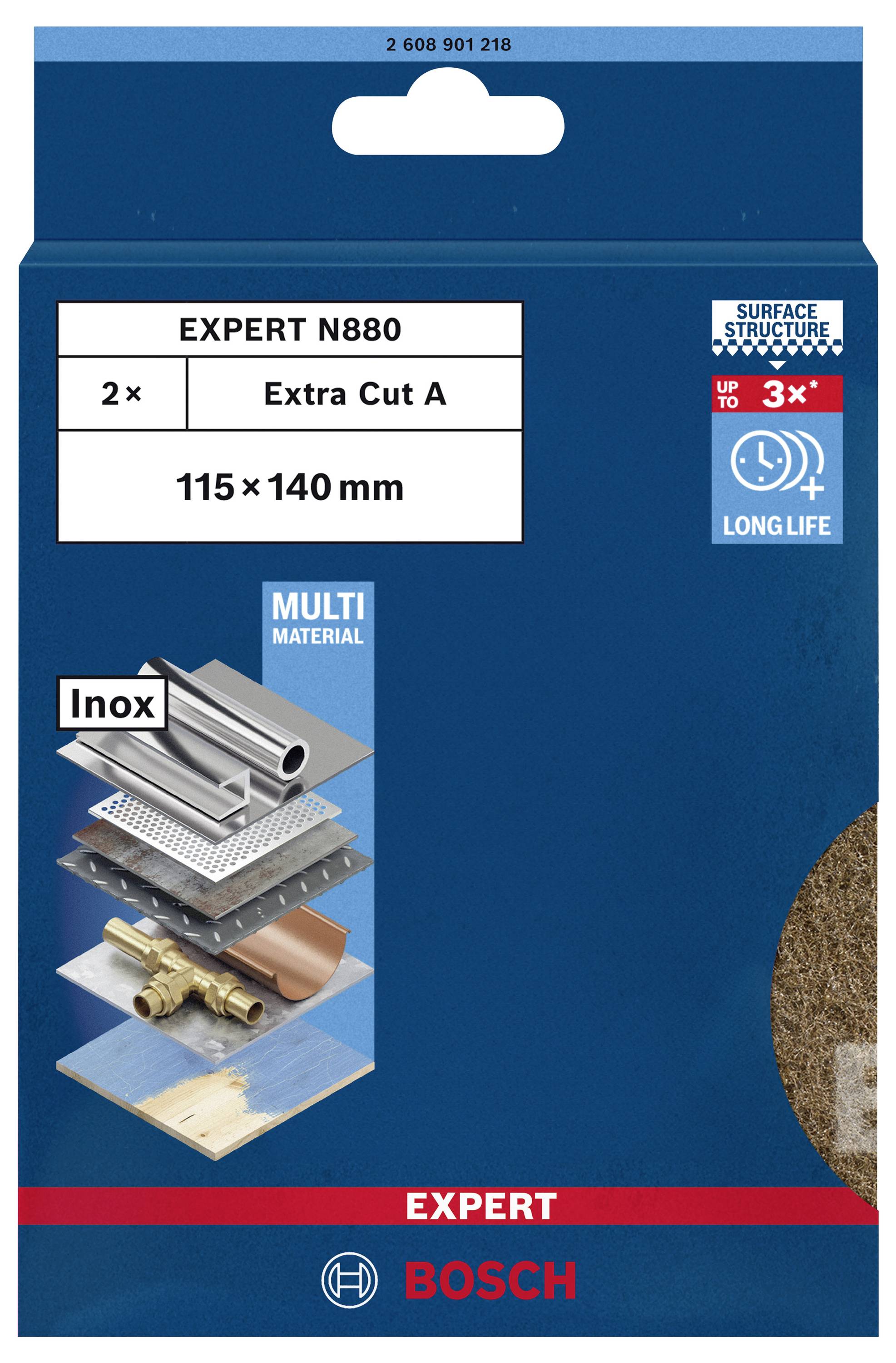 Verpackung eines Bosch Trennschleifers 'EXPERT N880', enthält 2 Stück 'Extra Cut A', Größe 115x140 mm, für Metallbearbeitung.