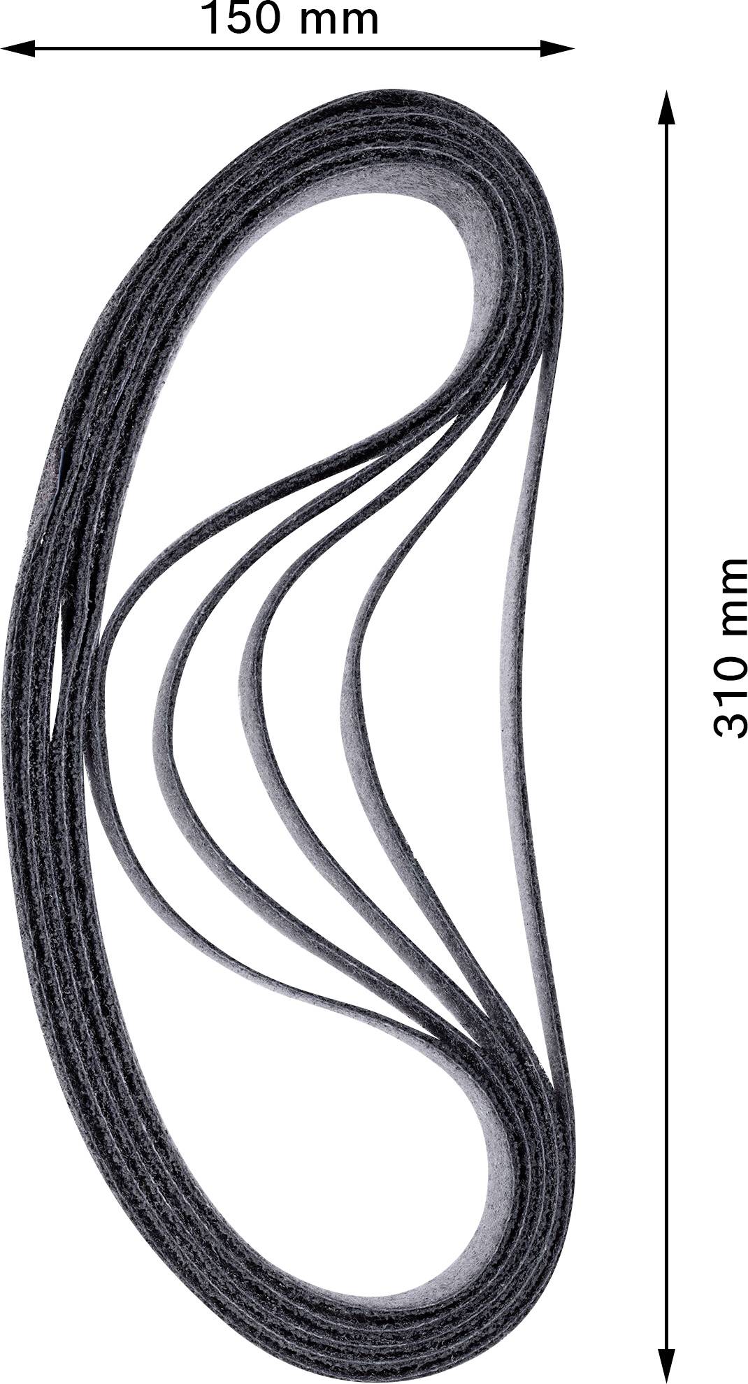 Abbildung zeigt eine gespannte Schleifbandrolle, 150 mm breit und 310 mm lang, in einer spiralförmigen Anordnung.