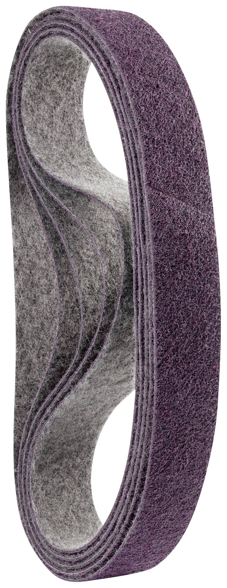 Ein langes, dunkelviolettes Schleifband, aufgerollt und vertikal positioniert, dient zum Schleifen von Materialien.