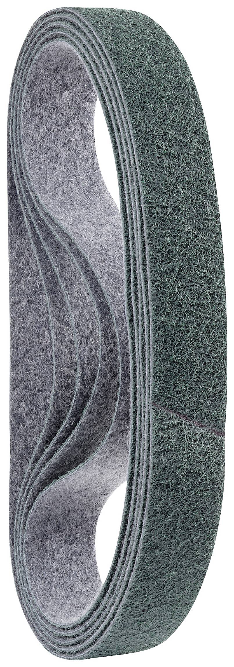 Ein grünes Schleifband, das in eine Schleife gefaltet ist, scheint für den Einsatz in Schleifmaschinen gedacht zu sein.