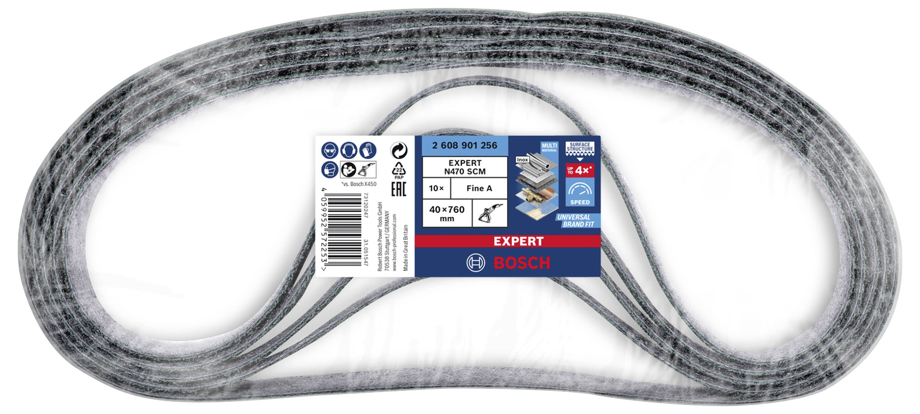 Satz Schleifbänder von Bosch mit dem Label 'Expert N480 SCM', Körnung 40+100, für 40x760mm Maschinen. Ideal für präzises Schleifen.