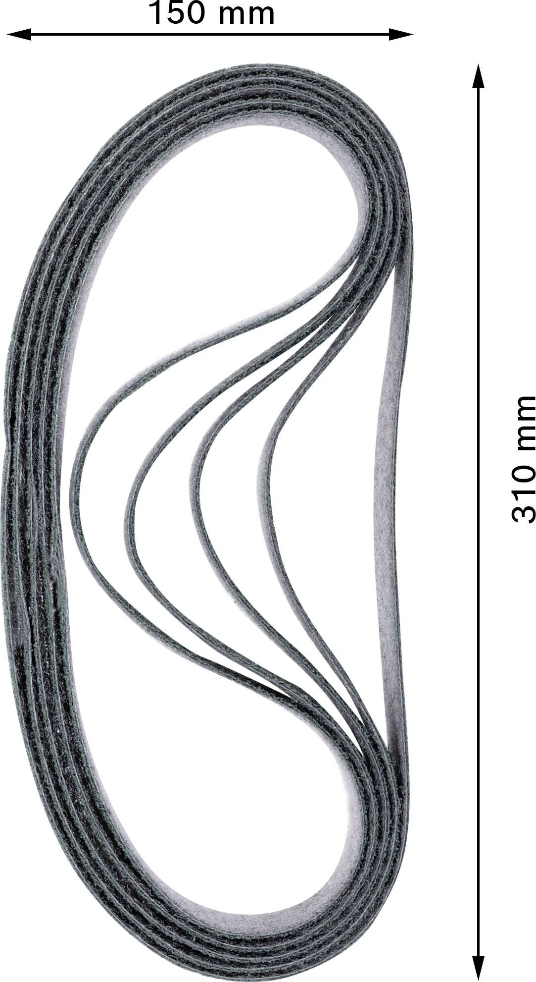 Eine graue Schleifband-Schleife, 150 mm breit und 310 mm lang, gezeigt von oben.