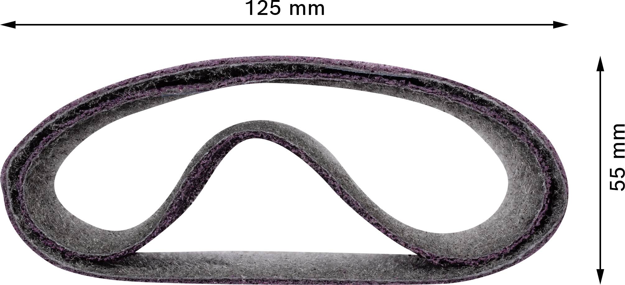Schleifband in Schleife, 125 mm Länge, 55 mm Höhe, Grauton mit lila Kanten. Darstellungen der Maße oben und rechts.