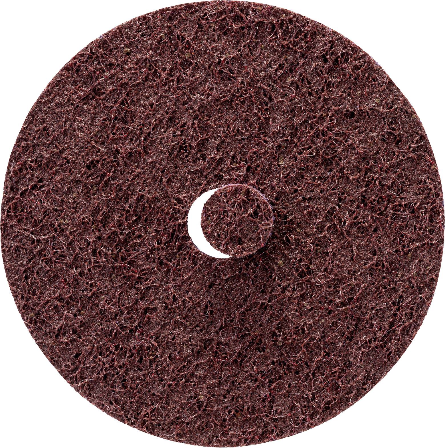 Runder, dunkelbrauner Schleifpad mit rauer, filzartiger Textur und zentralem Loch.