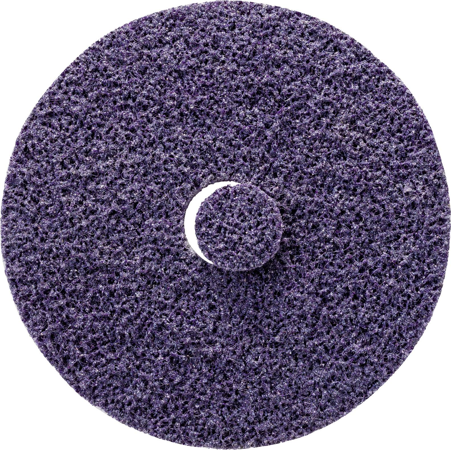 Runde, lila Schleifscheibe mit weißem Zentrum, verwendet zum Reinigen und Polieren von Oberflächen.