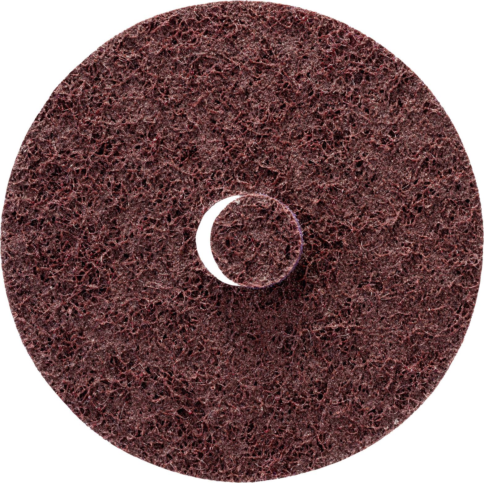 Eine rotbraune, runde Reinigungs- oder Schleifscheibe mit einer offenen, faserigen Textur und einem Loch in der Mitte.