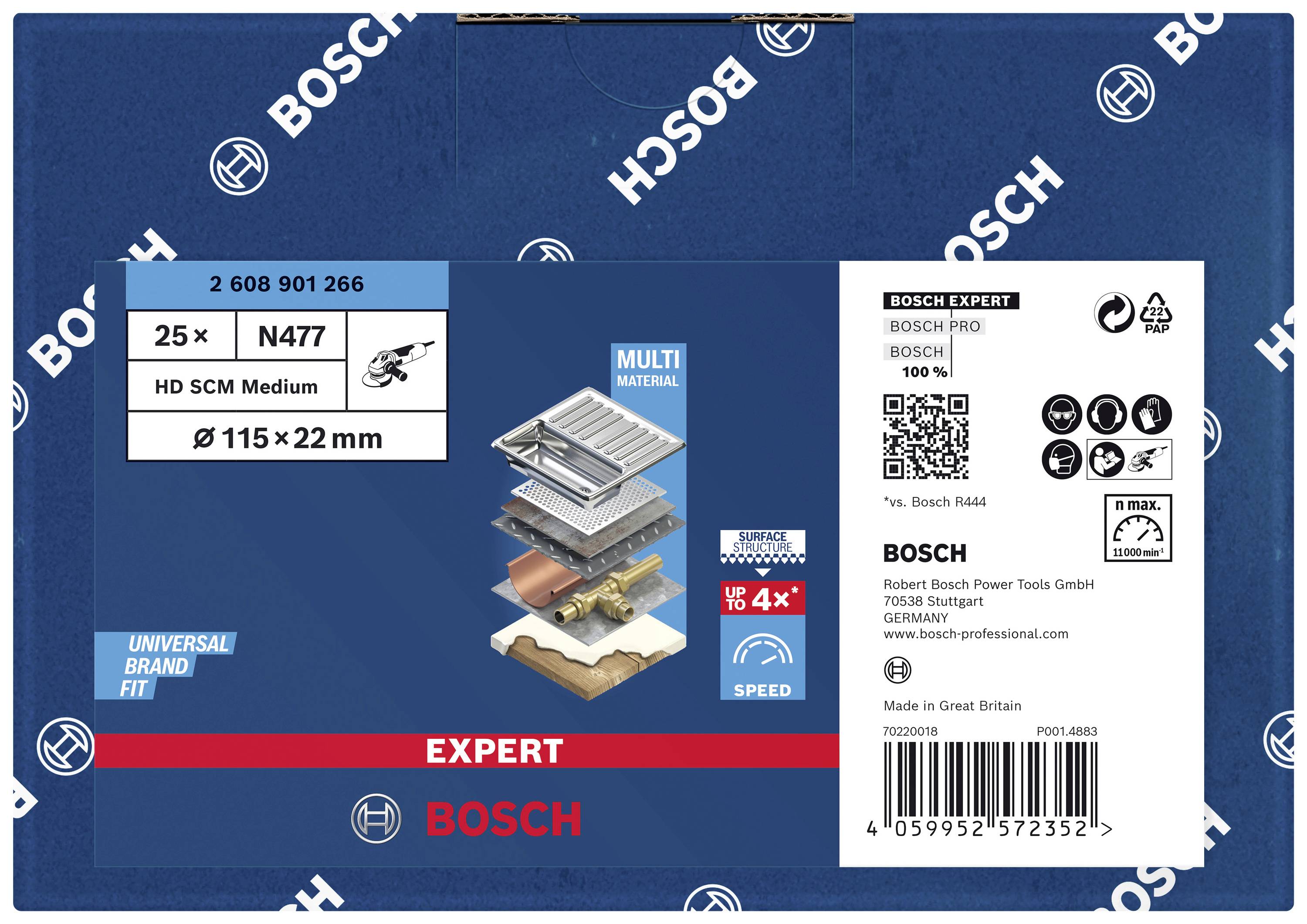 Verpackungsetikett von Bosch für Trennscheiben. Zeigt Scheiben in mehreren Schichten. Aufschrift: 'Multi Material', '115 x 22 mm'.