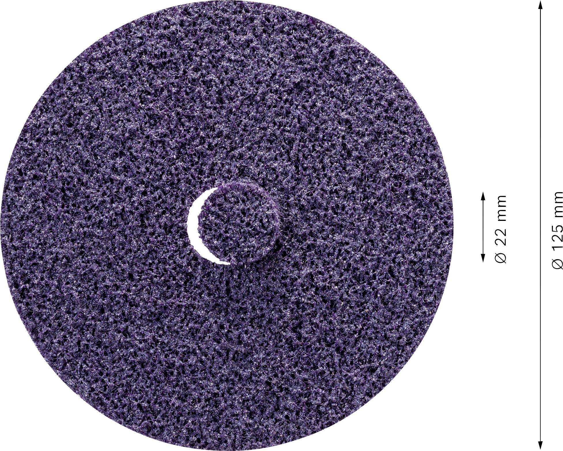 Runder lila Schleifaufsatz mit 125 mm Durchmesser und 22 mm Loch in der Mitte, benutzt zum Schleifen oder Polieren.
