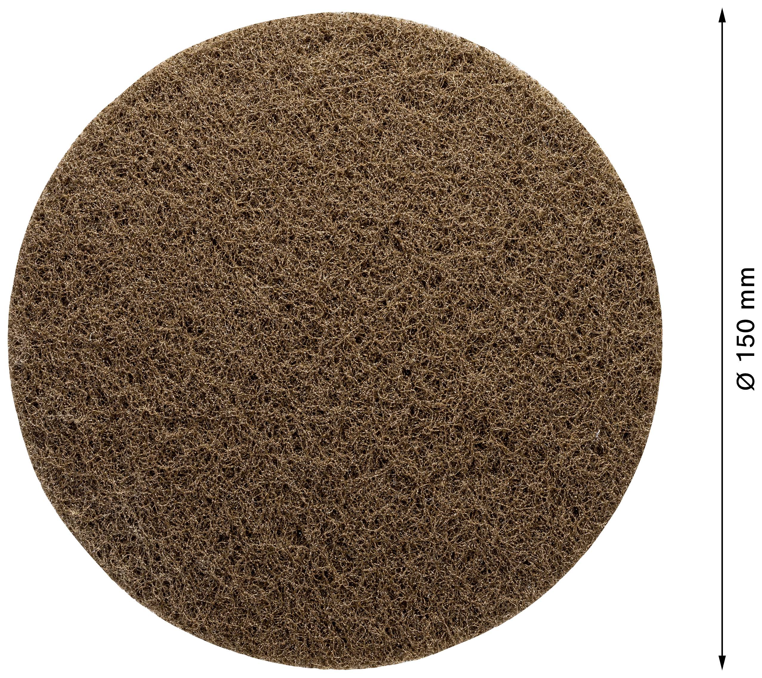 Ein kreisförmiges braunes Schleifpad mit einem Durchmesser von 150 mm, texturiert und zur Bearbeitung von Oberflächen geeignet.