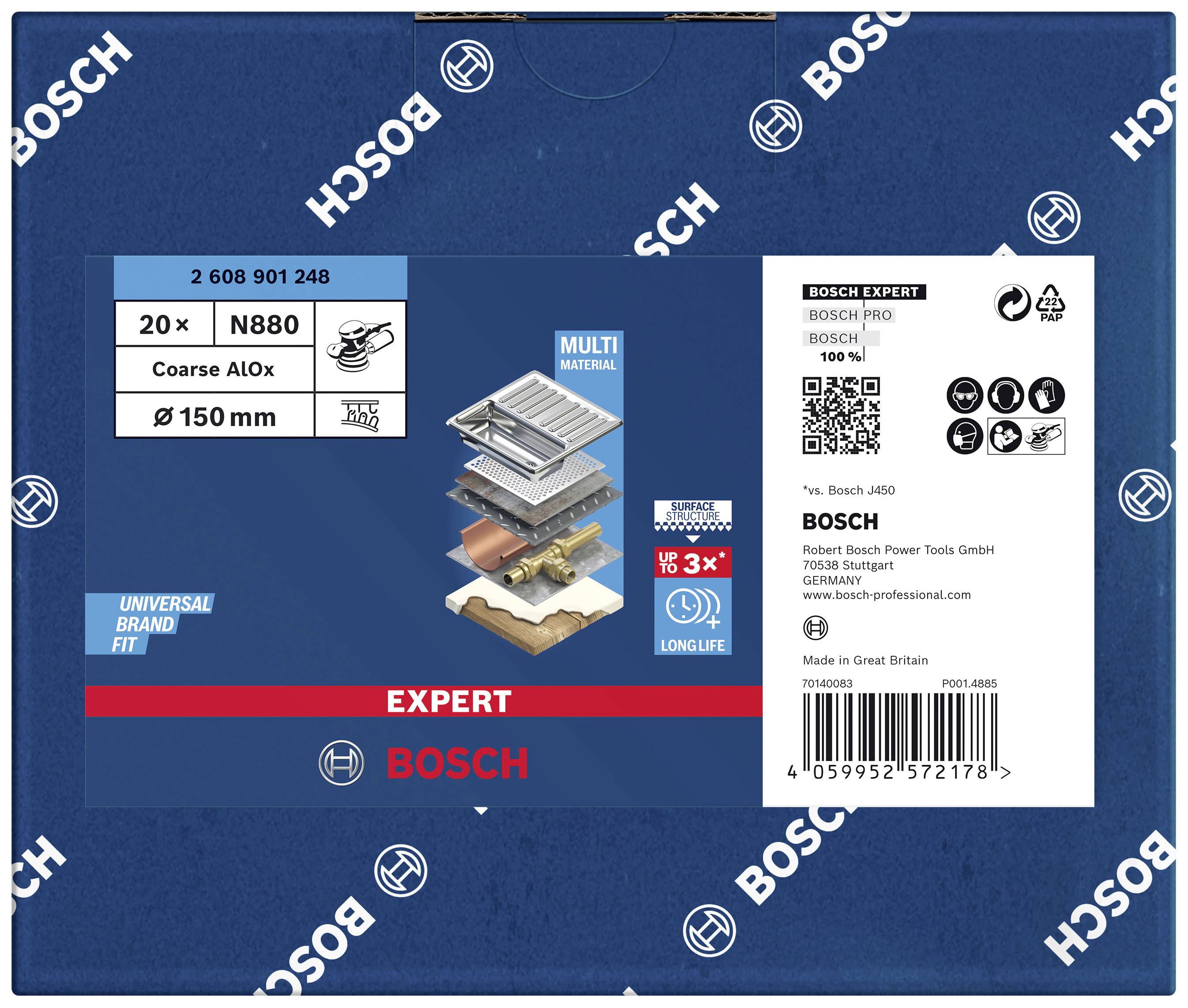 'Bosch Expert N880 Schleifpapier, Ø150 mm, Korn Alox, 20 Stück, für verschiedene Materialien, lange Lebensdauer' auf blauer Verpackung.
