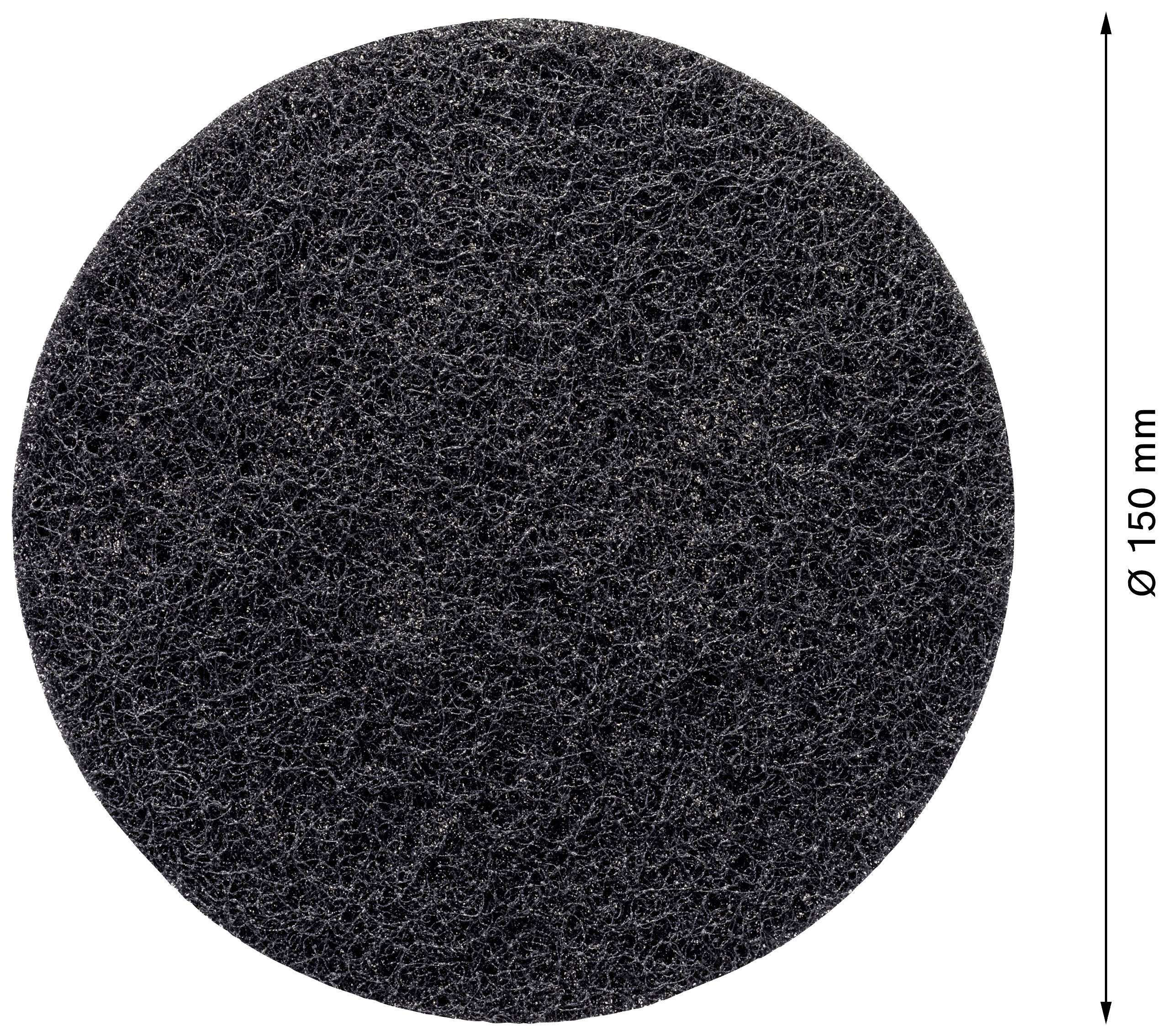 Schwarze, runde Schleifscheibe mit einem Durchmesser von 150 mm, Textur aus groben Fasern.