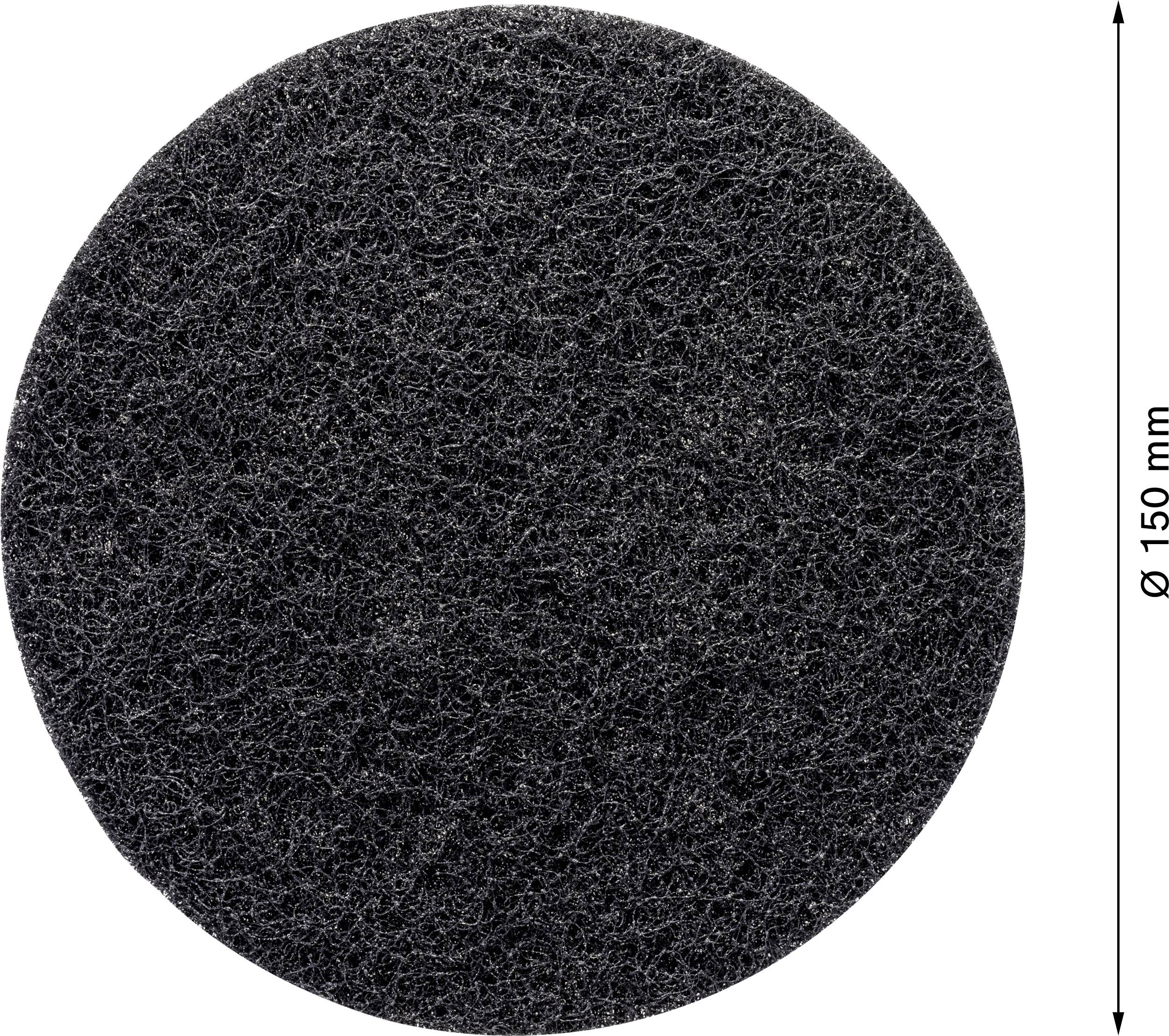 Schwarzes, rundes Schleifpad mit einem Durchmesser von 150 mm, texturierte Oberfläche.