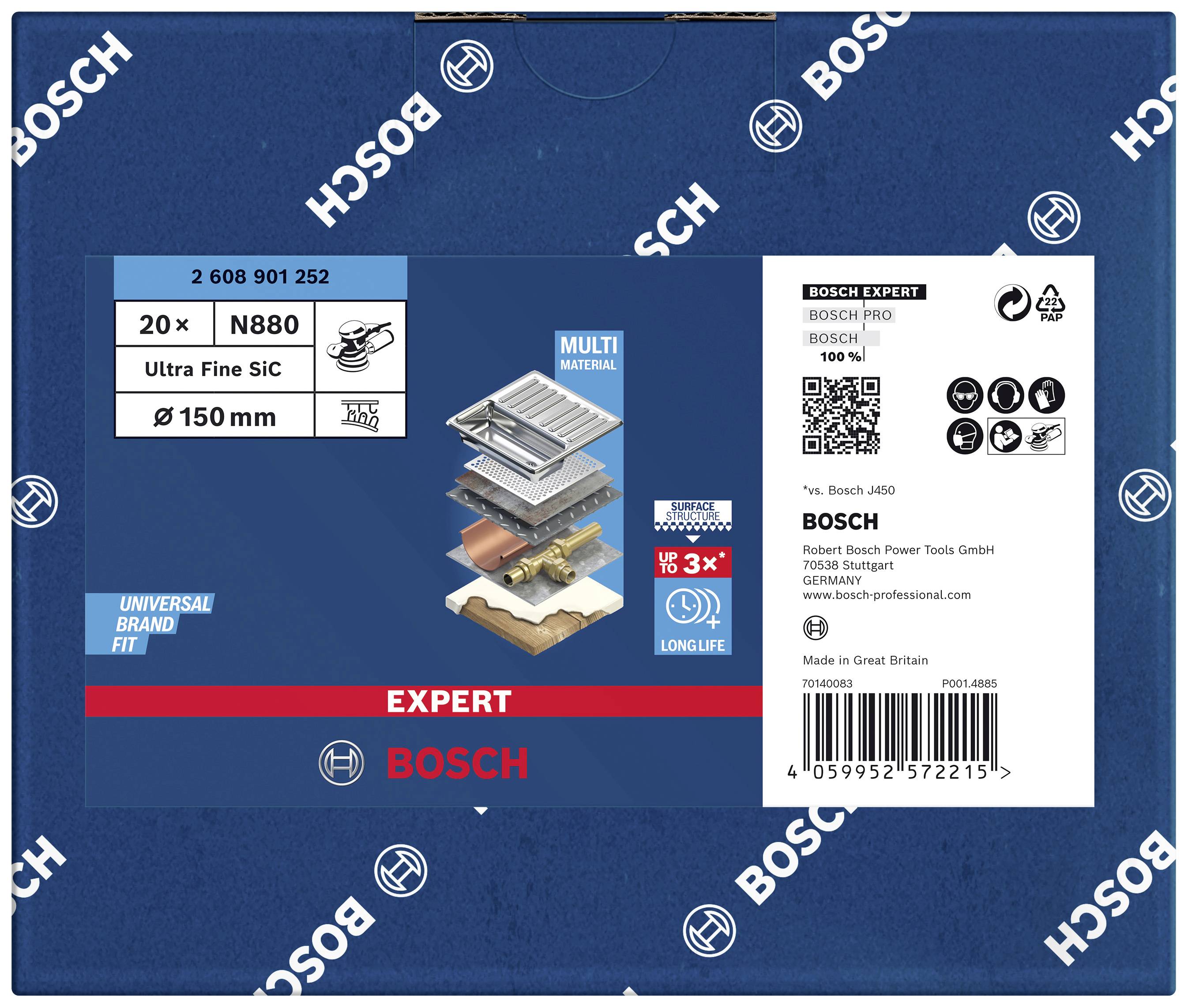Paket mit Bosch-Schleifscheiben, 150 mm, 20 Stück, für Multi-Materialien. Enthält Produktdetails und Barcodes.