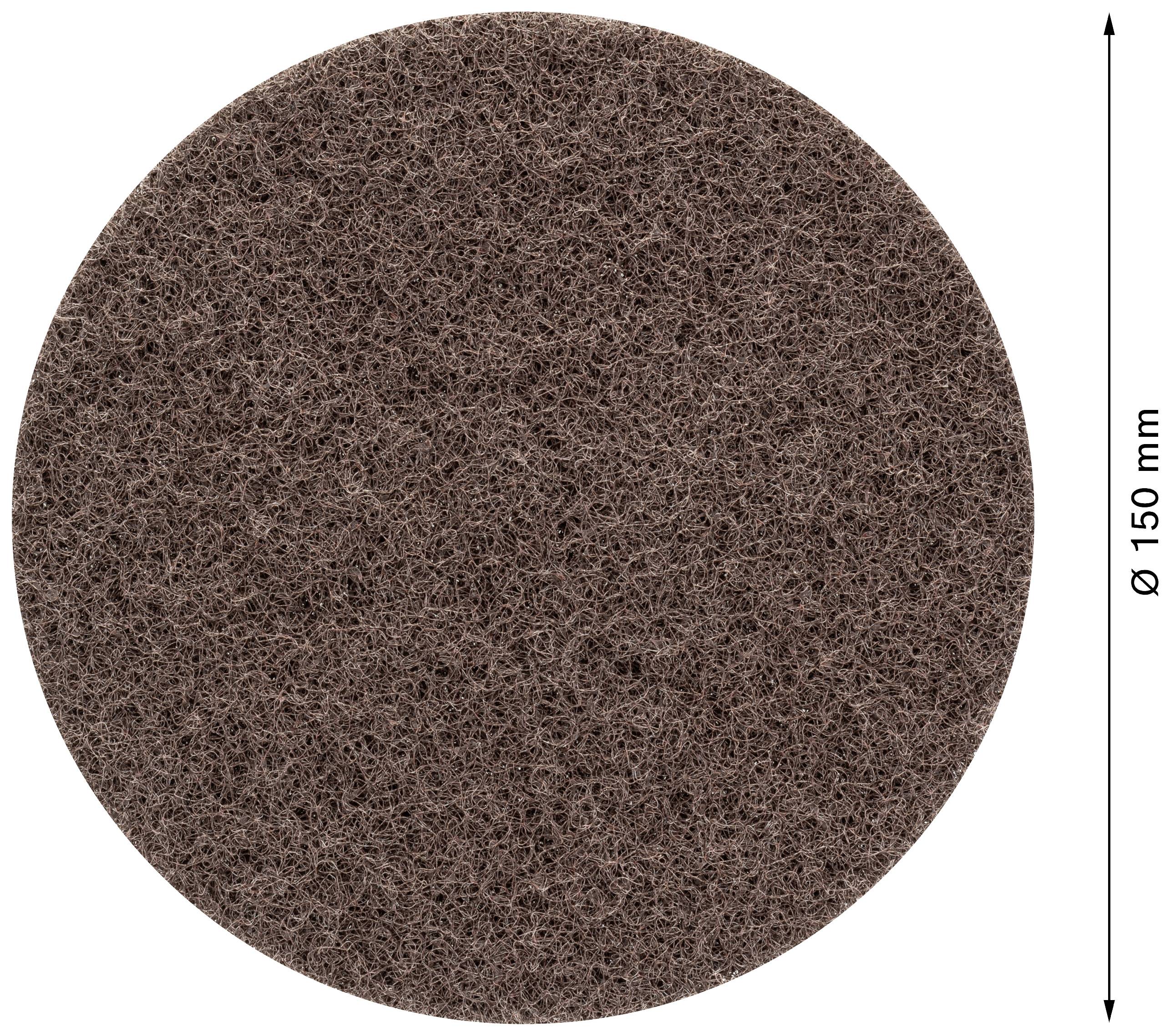 Braune, runde Schleifscheibe mit einem Durchmesser von 150 mm, dargestellt vor weißem Hintergrund.
