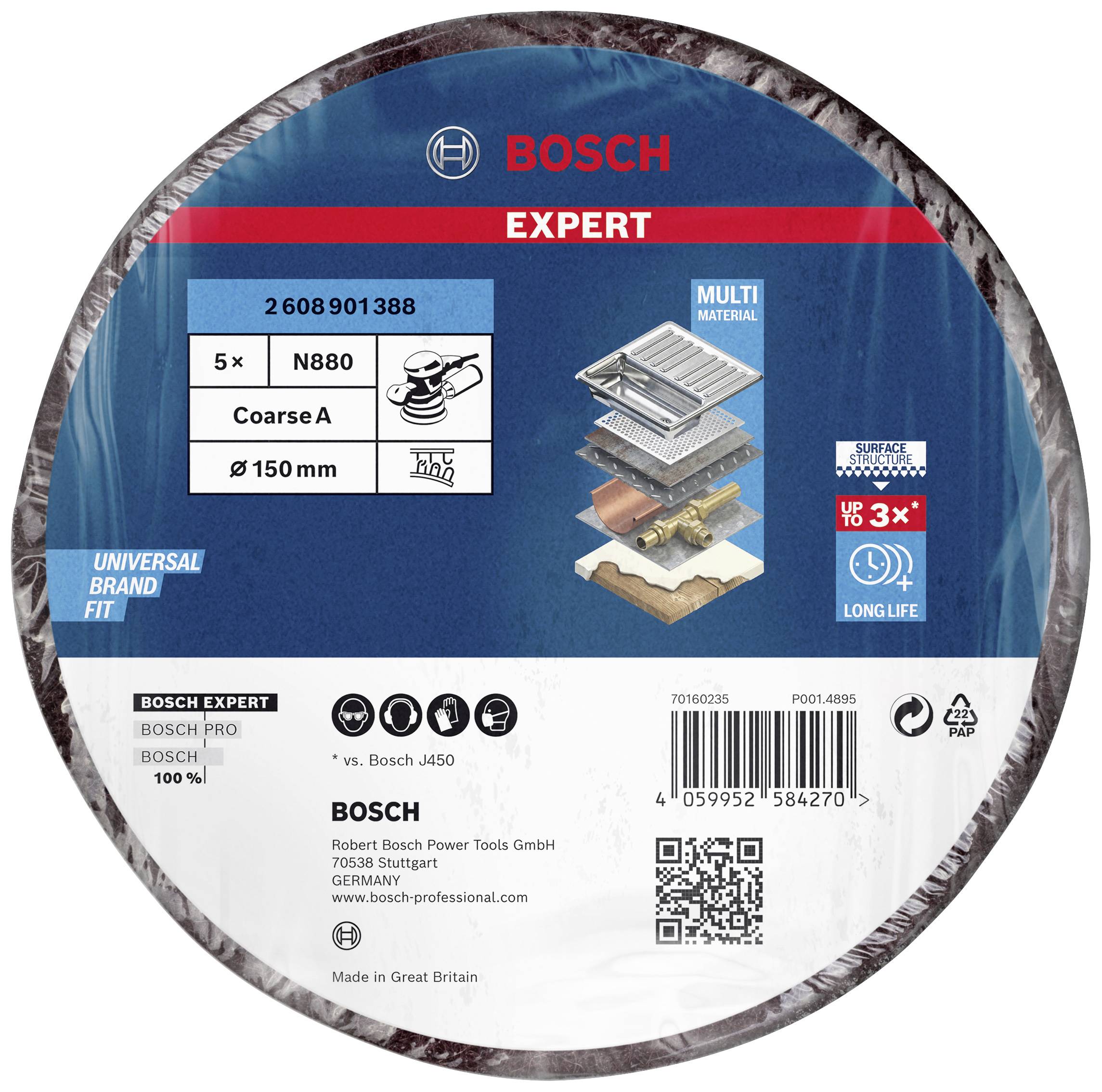 Bosch Expert Schleifscheibenverpackung, 5 Stück, N880, grobkörnig, 150 mm. Geeignet für Multimaterialien. Hergestellt in Großbritannien.