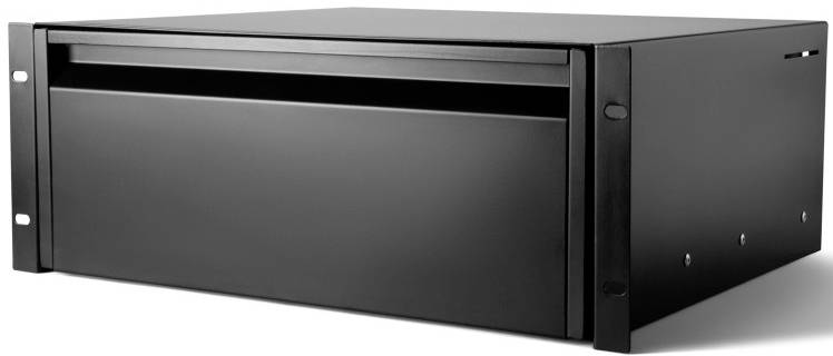 Ein schwarzes, rechteckiges Gehäuse im Rack-Design, geeignet für die Aufnahme von elektronischen Geräten oder Serverkomponenten.