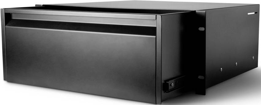 Schwarze, rechteckige Schublade aus Metall, für den Einsatz in einem Server-Rack entworfen, mit Schiebegriff auf der rechten Seite.