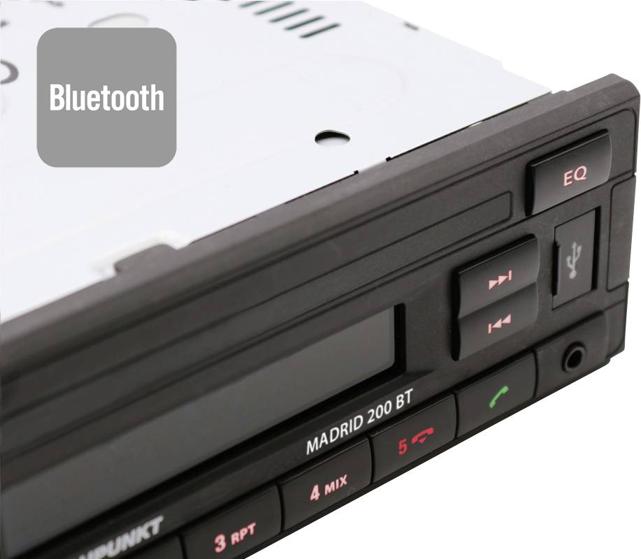 Auto-Radio mit Marken- und Modellnamen 'Madrid 200 BT'' angezeigt. Es hat Bluetooth-Funktionalität und Bedientasten für Wiedergabe und EQ.