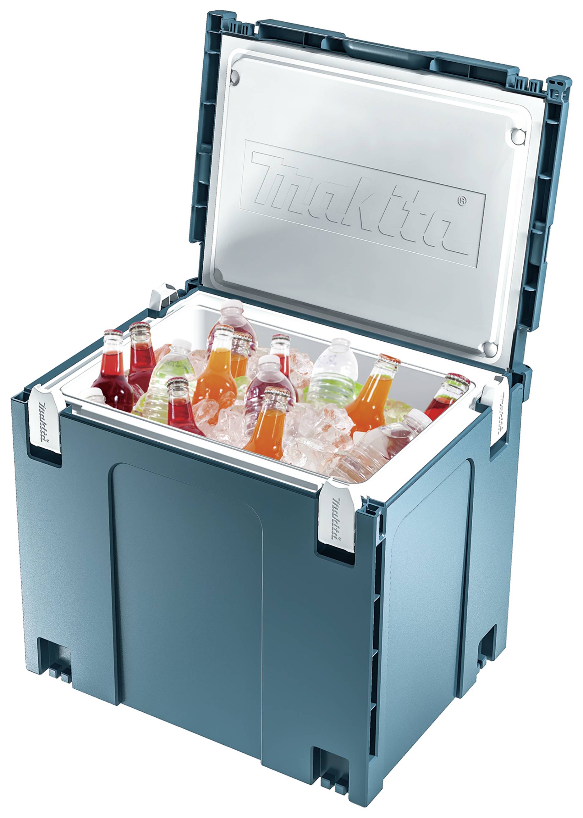 Kühlbox in Blau, gefüllt mit Eis und verschiedenen Getränkeflaschen. Der Deckel ist geöffnet und zeigt das Logo im Inneren.