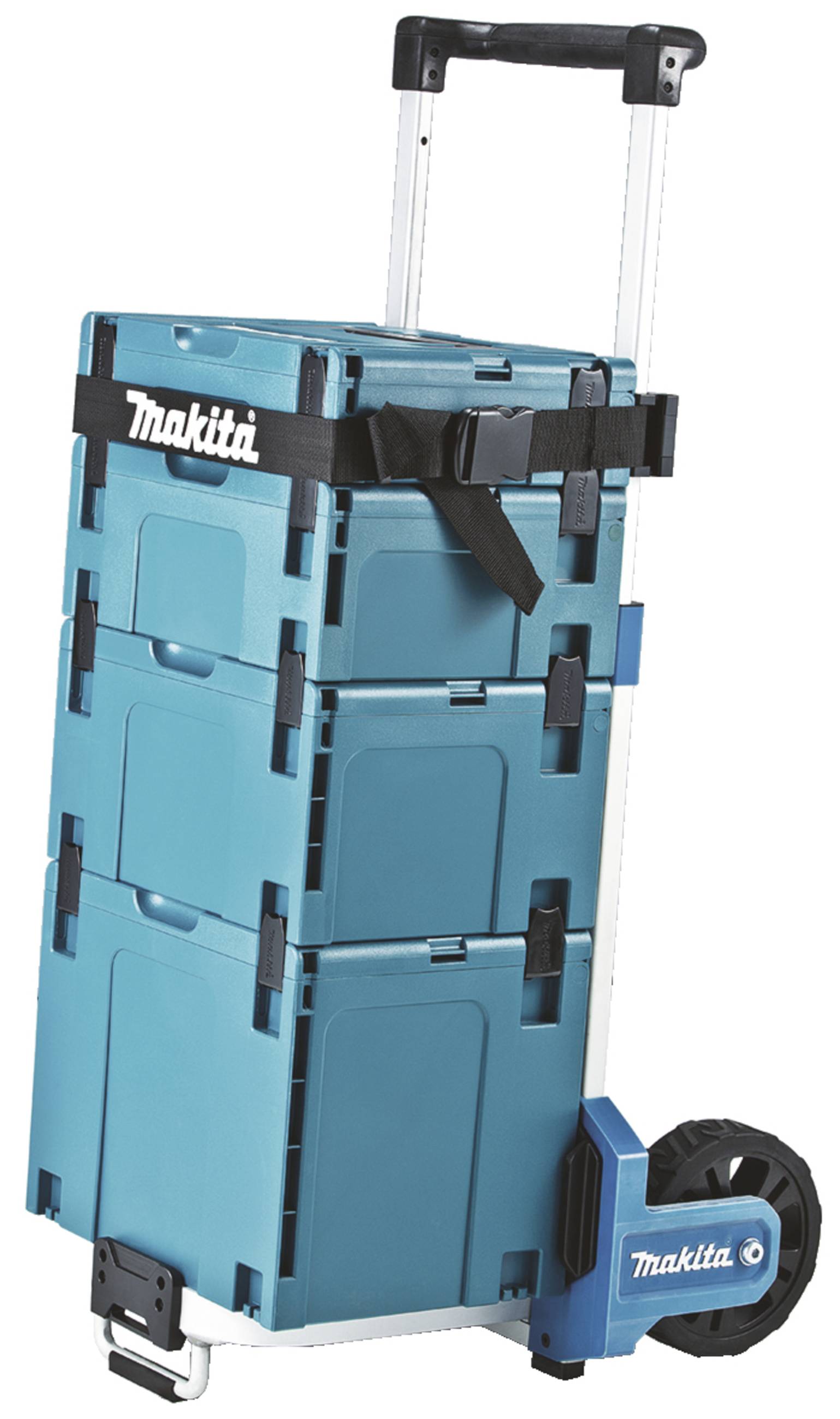 Ein stapelbarer Werkzeugkoffer auf Rädern mit Teleskopgriff, mit drei blauen Boxen, einer schwarzen Spannvorrichtung und der Aufschrift 'Makita'.