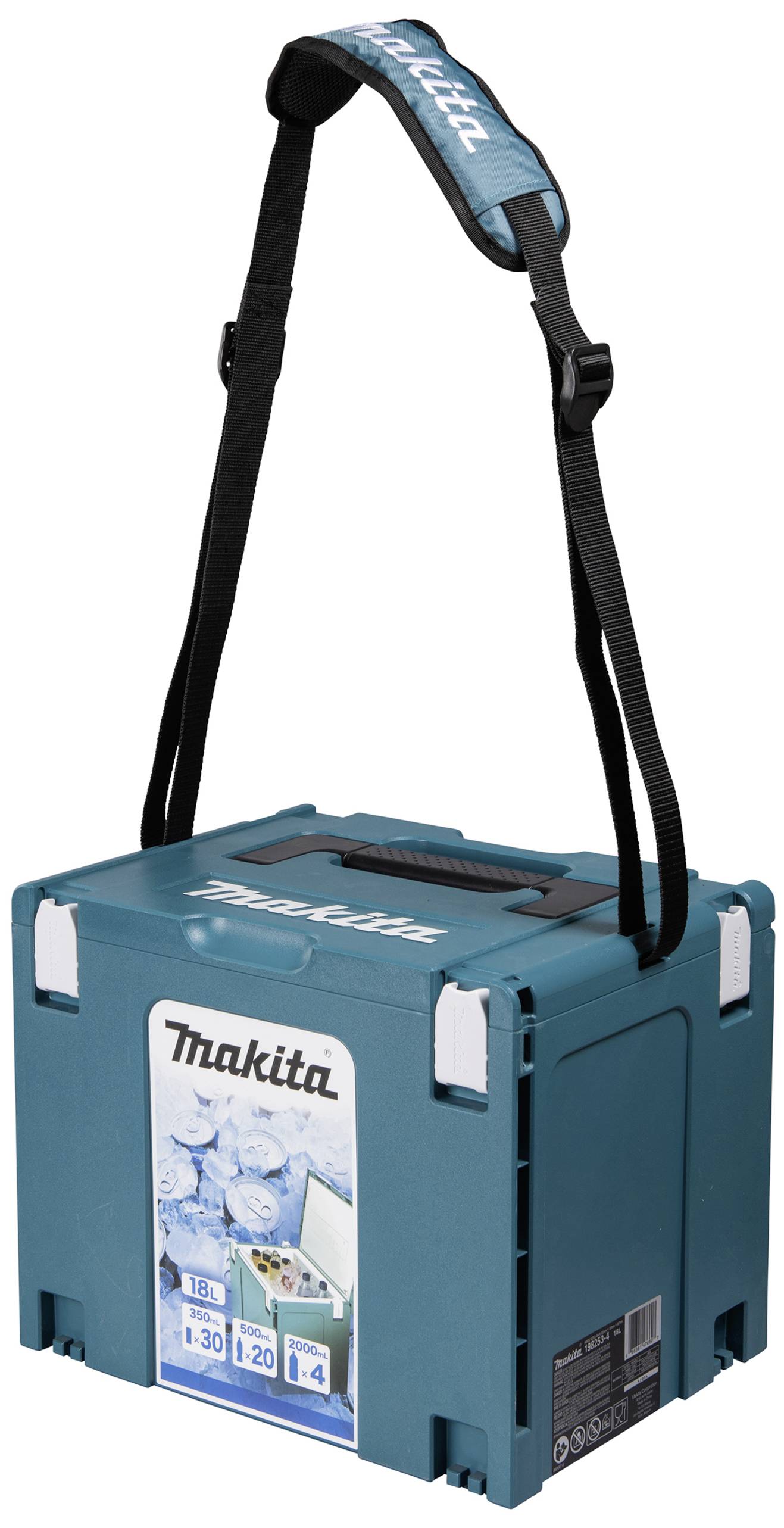 Türkisfarbene Kühltasche mit 'Makita'-Logo, gepolstertem Schultergurt und Eiswürfel-Motiv. Eignet sich zum Transportieren und Kühlen von Getränken.