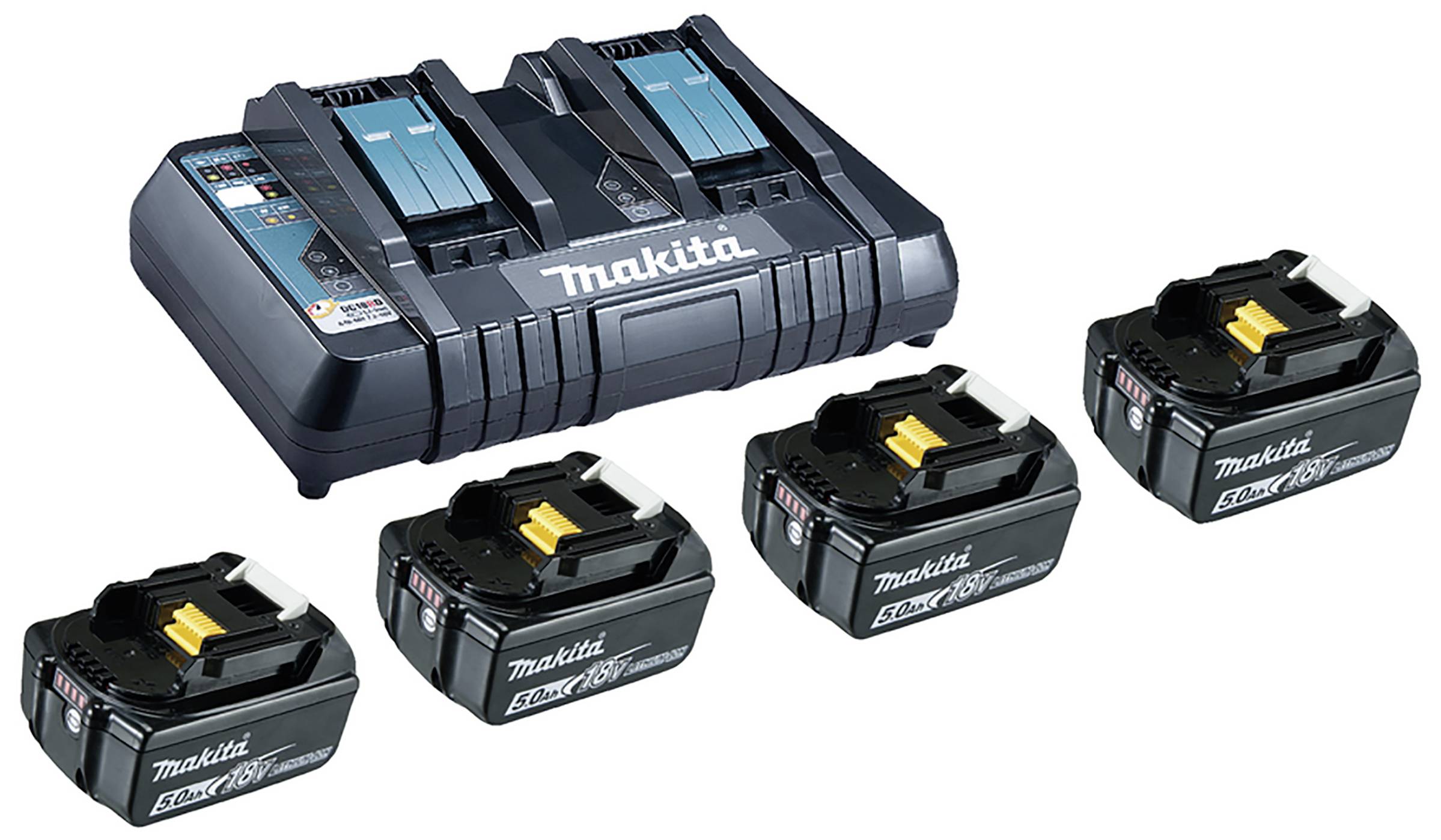 Doppel-Ladegerät von Makita mit zwei blauen Lithium-Ionen-Akkus und vier separaten schwarzen 18V Akkus, geeignet für Elektrowerkzeuge.