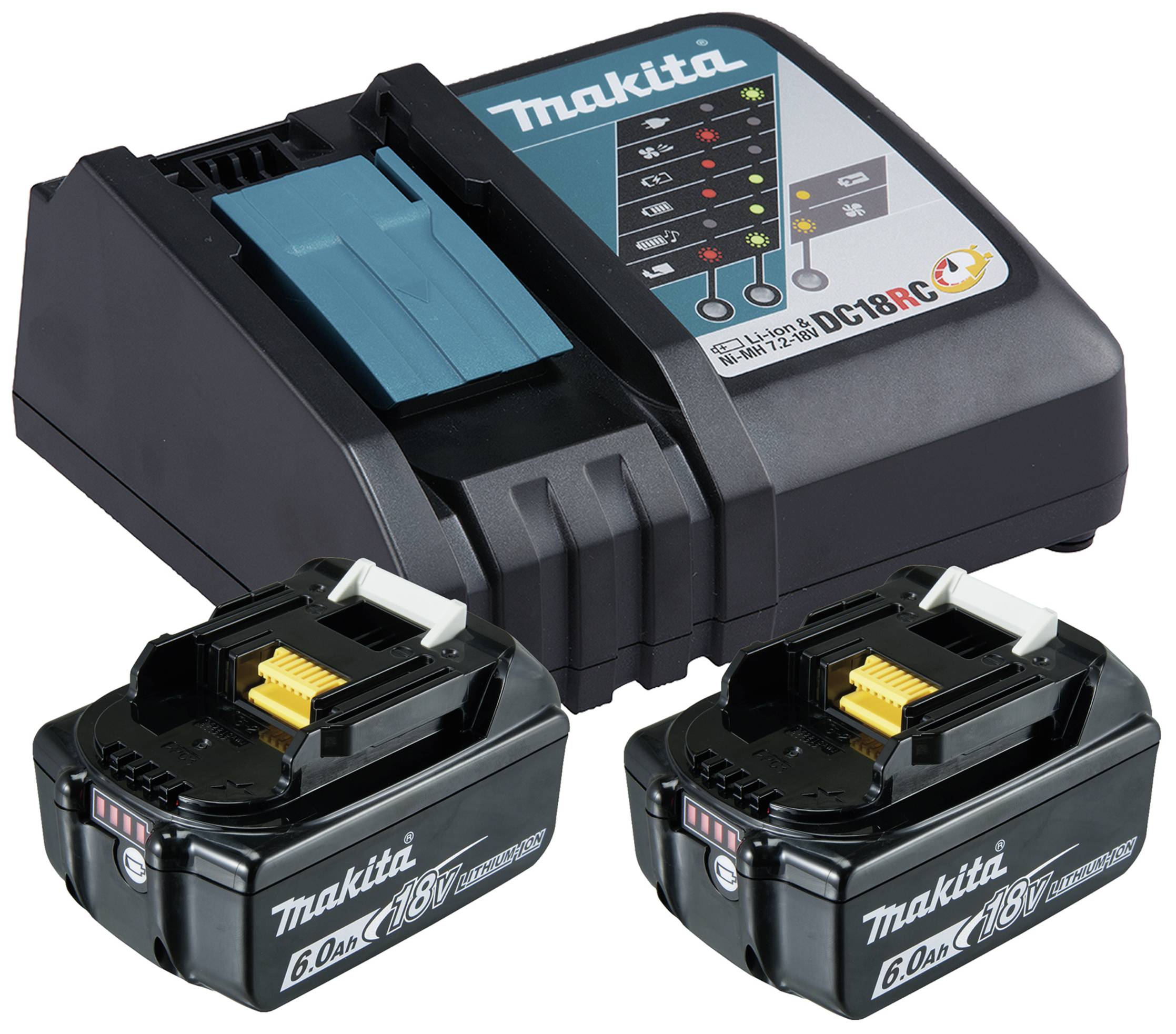 Makita-Ladegerät und zwei 18-V-Akkus. Ladegerät mit Statusanzeigen und zwei schwarzen Akkus mit 6,0 Ah Kapazität.
